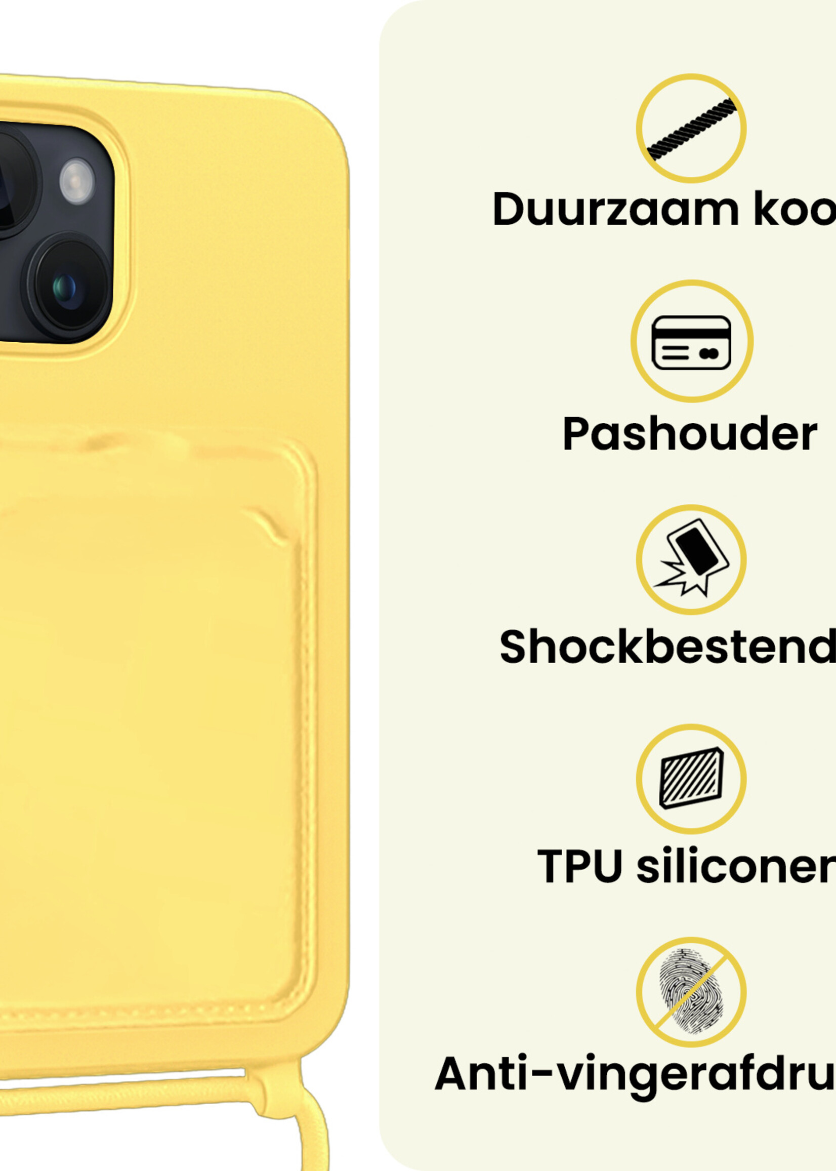 LUQ LUQ iPhone 15 Plus Hoesje Pashouder met Koord Met 2x Screenprotector - Geel