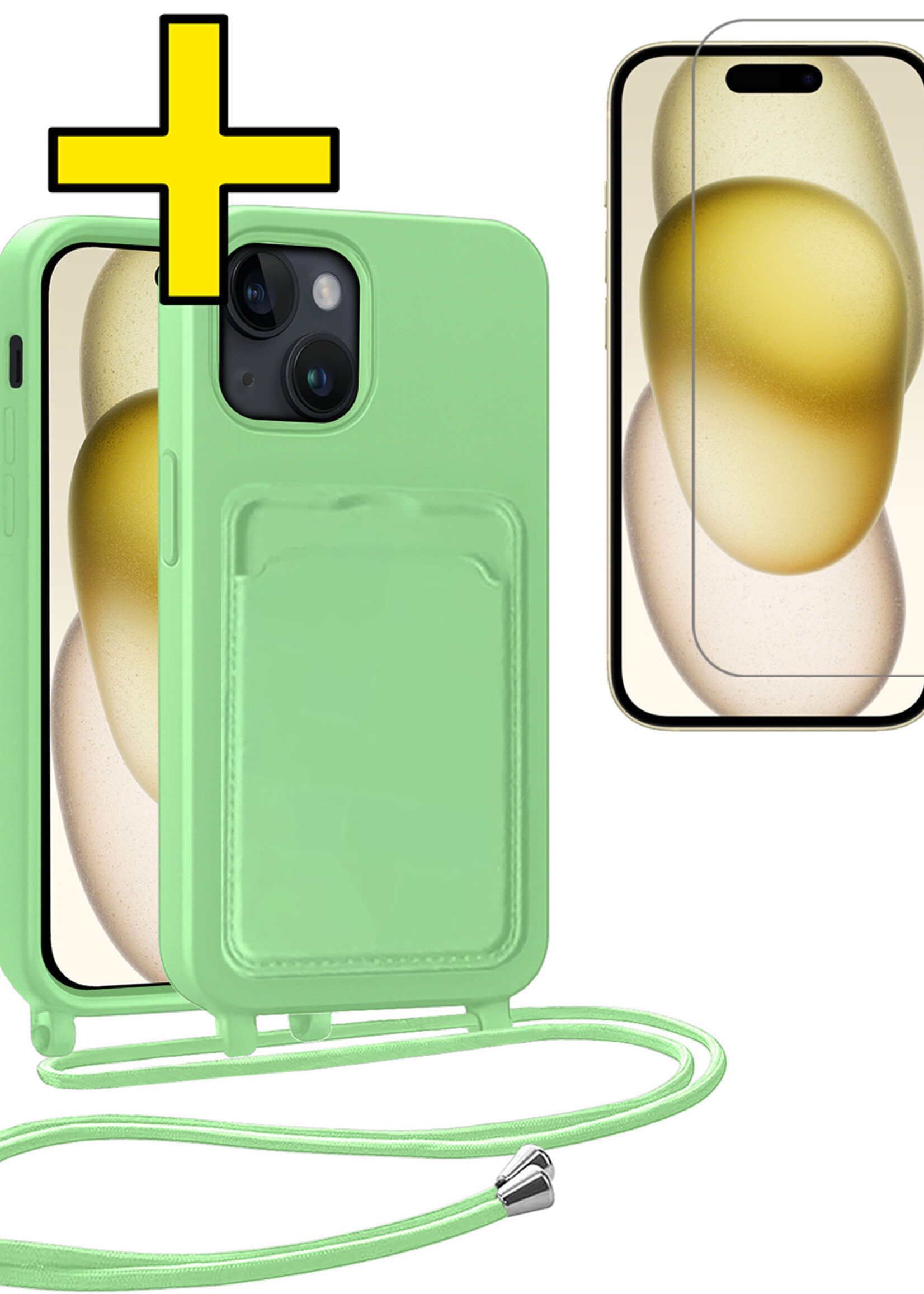 LUQ LUQ iPhone 15 Plus Hoesje Pashouder met Koord Met Screenprotector - Groen