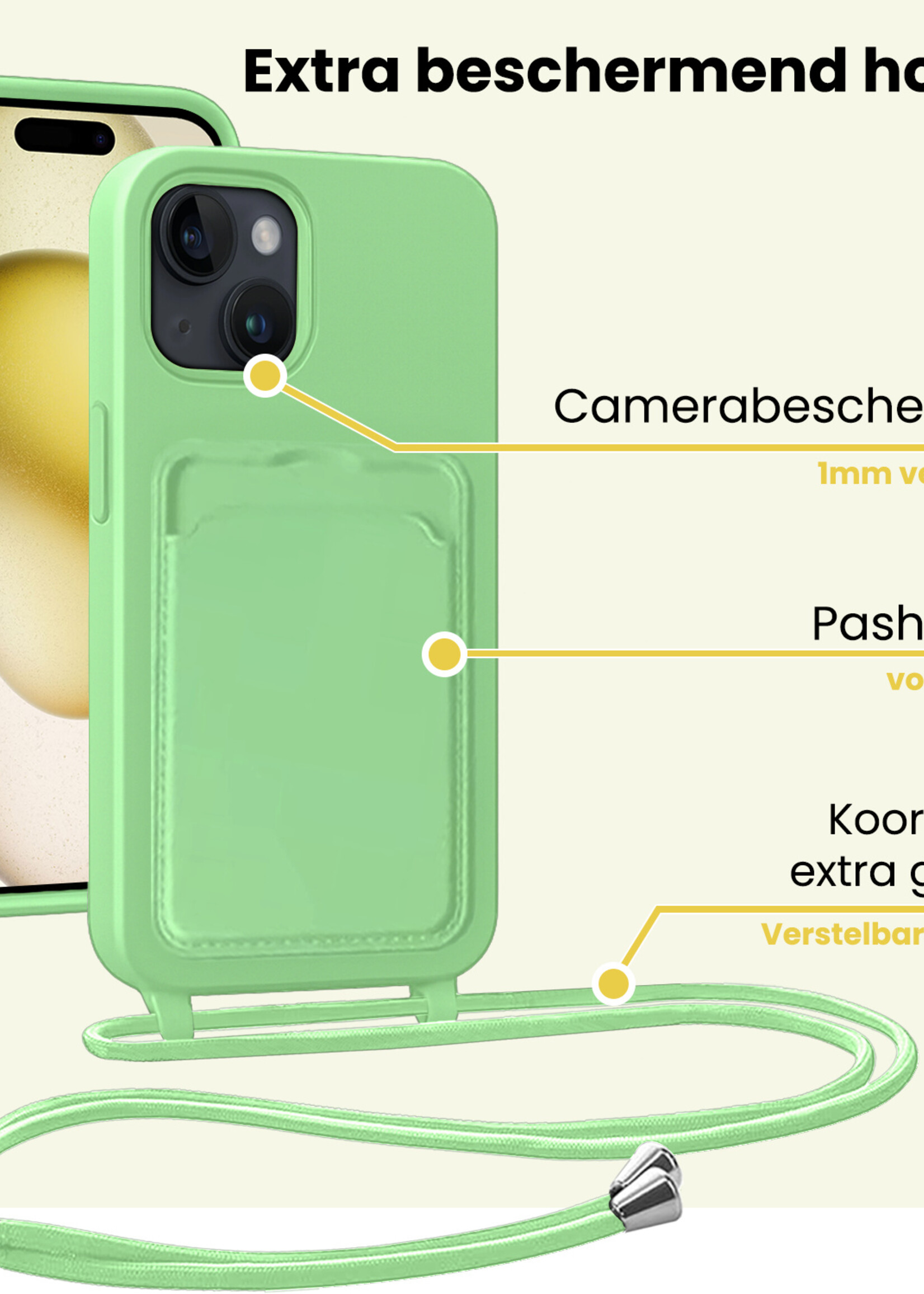 LUQ LUQ iPhone 15 Plus Hoesje Pashouder met Koord Met Screenprotector - Groen