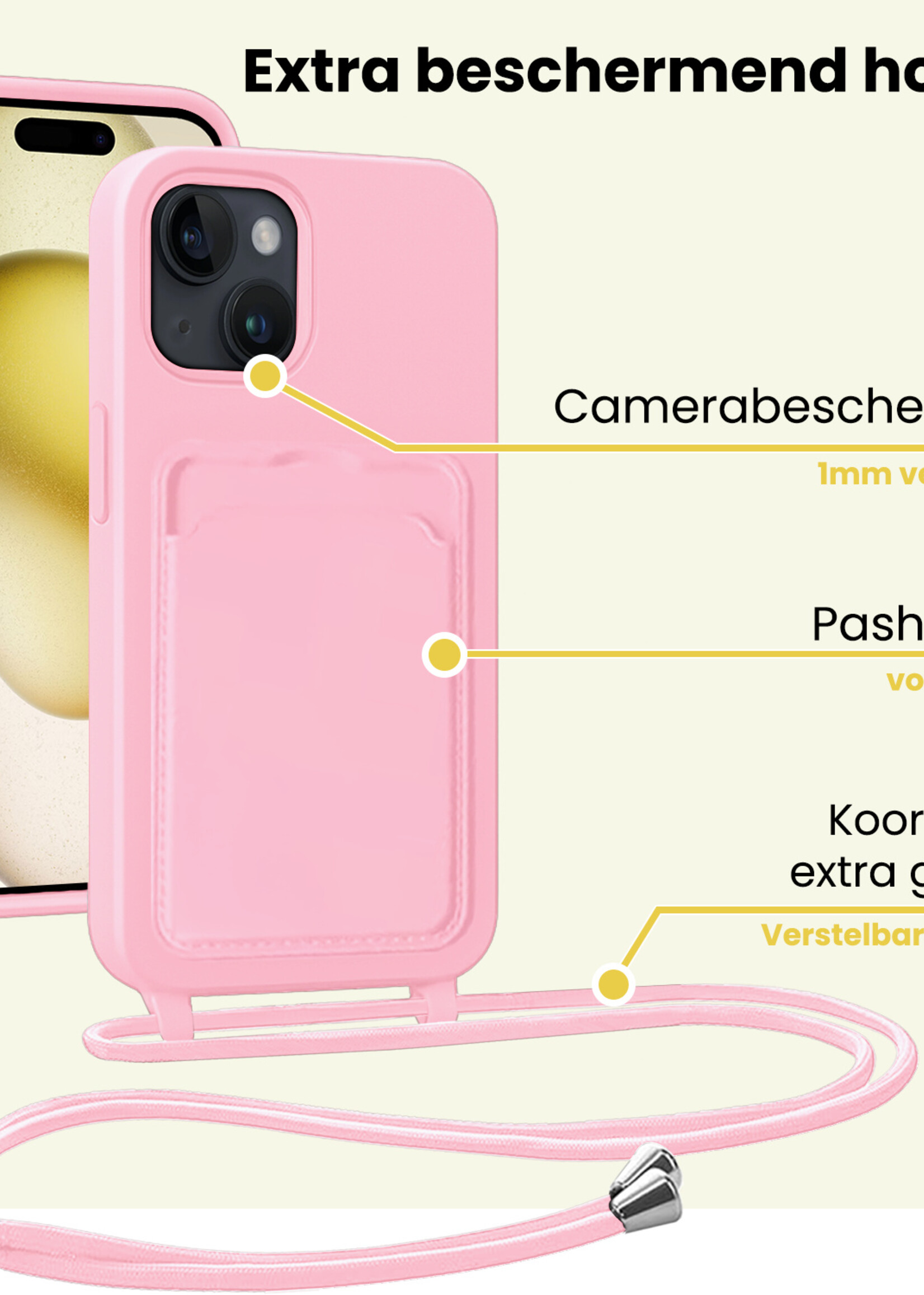 LUQ LUQ iPhone 15 Plus Hoesje Pashouder met Koord - Lichtroze