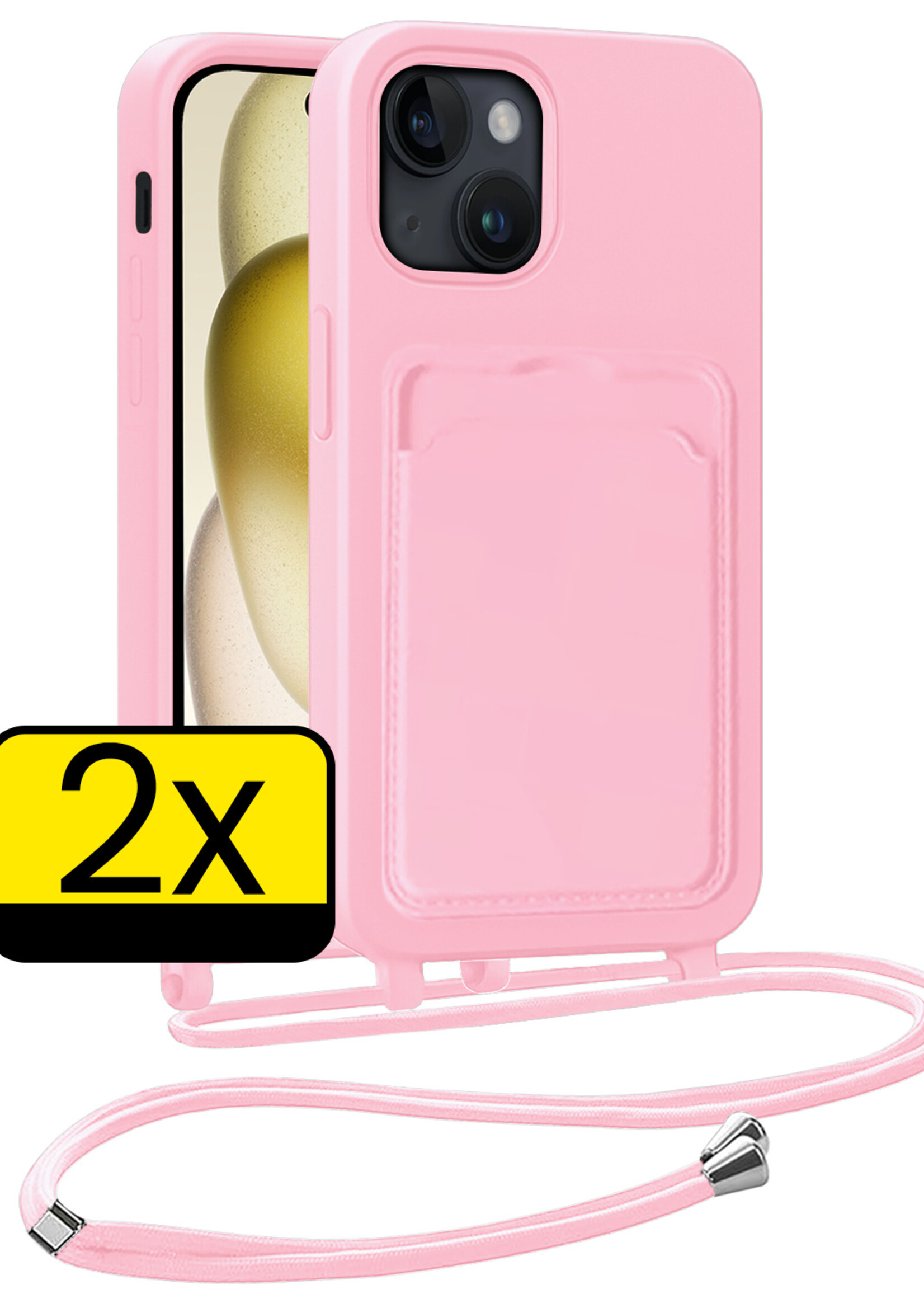 LUQ LUQ iPhone 15 Plus Hoesje Pashouder met Koord - Lichtroze - 2 PACK