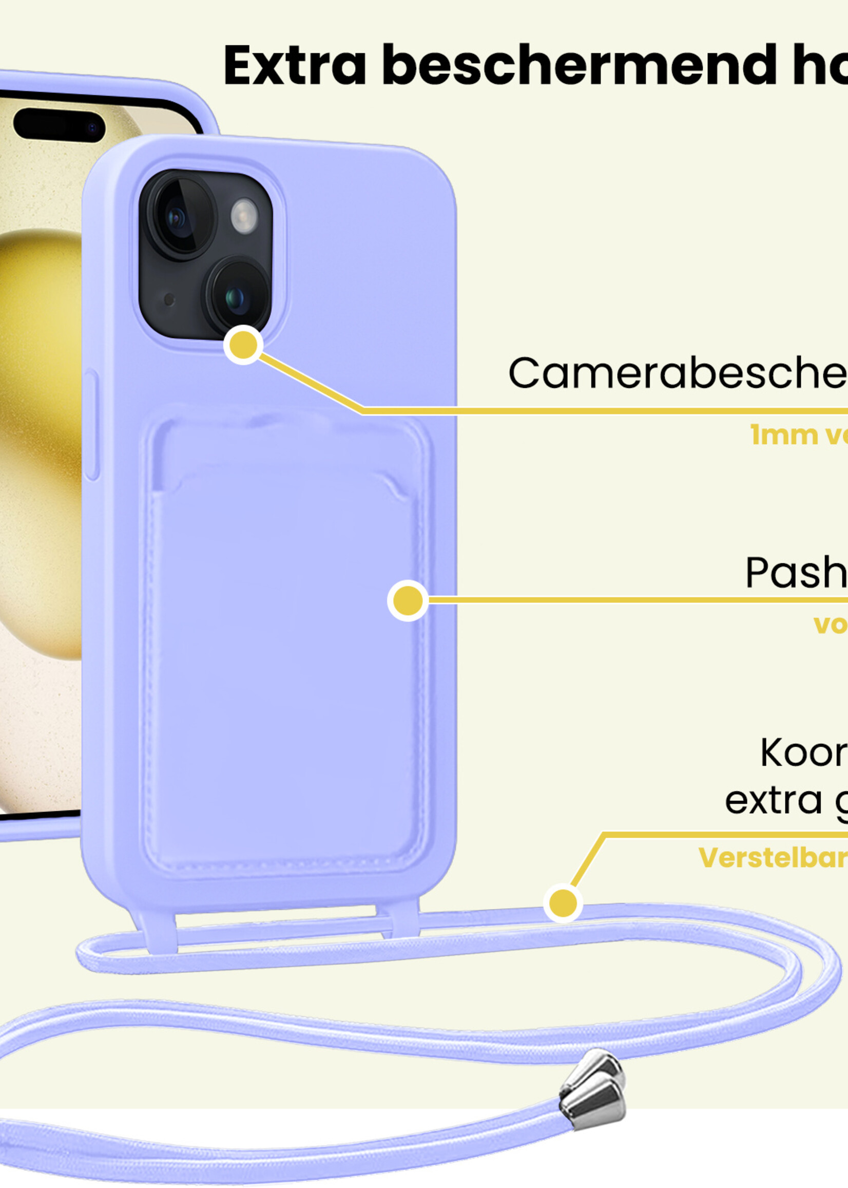 LUQ LUQ iPhone 15 Plus Hoesje Pashouder met Koord - Lila