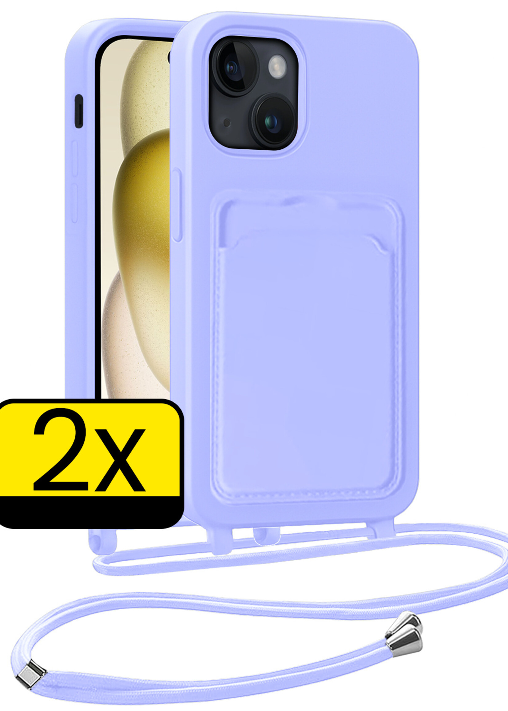 LUQ LUQ iPhone 15 Plus Hoesje Pashouder met Koord - Lila - 2 PACK