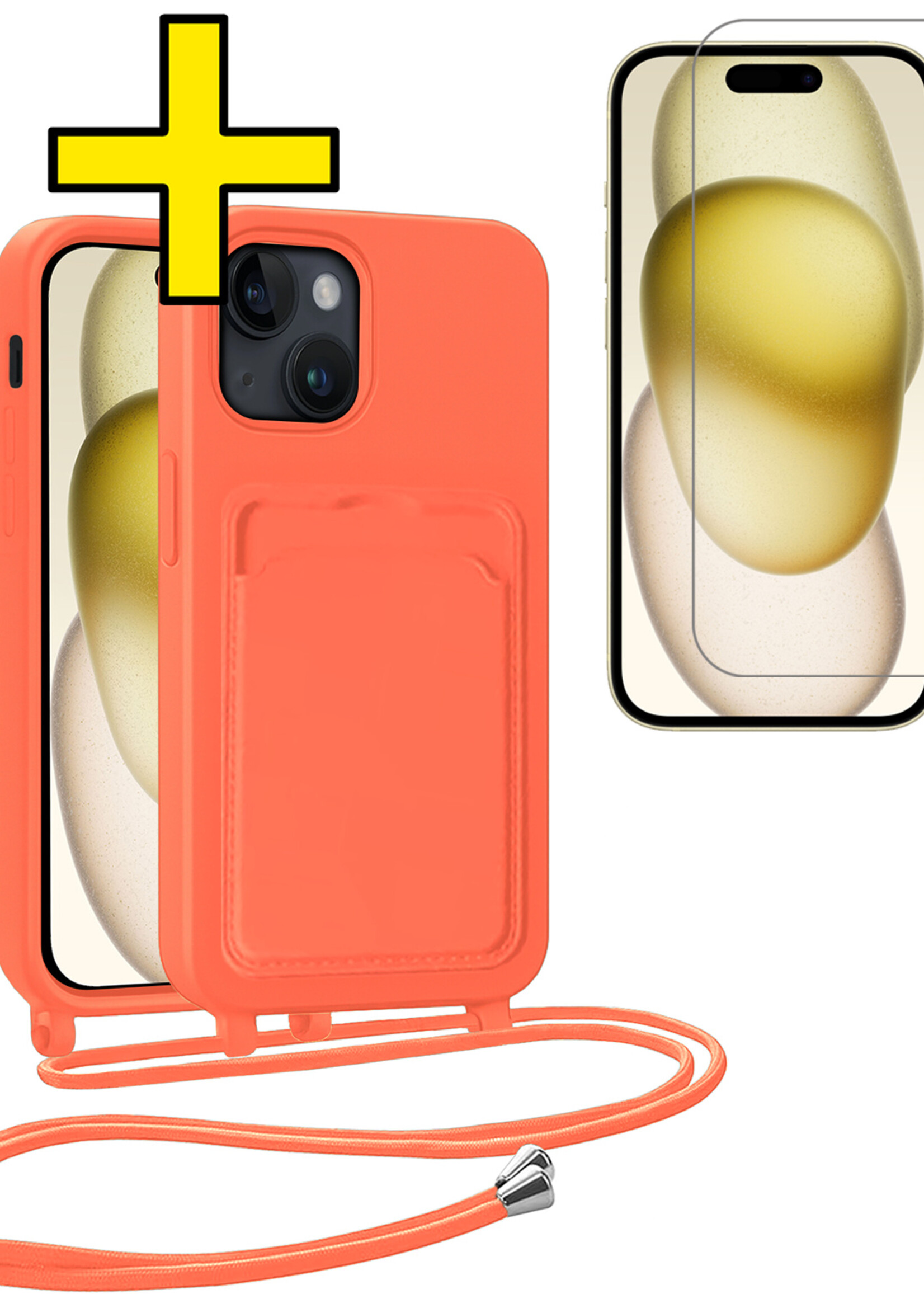 LUQ LUQ iPhone 15 Plus Hoesje Pashouder met Koord Met Screenprotector - Papaya