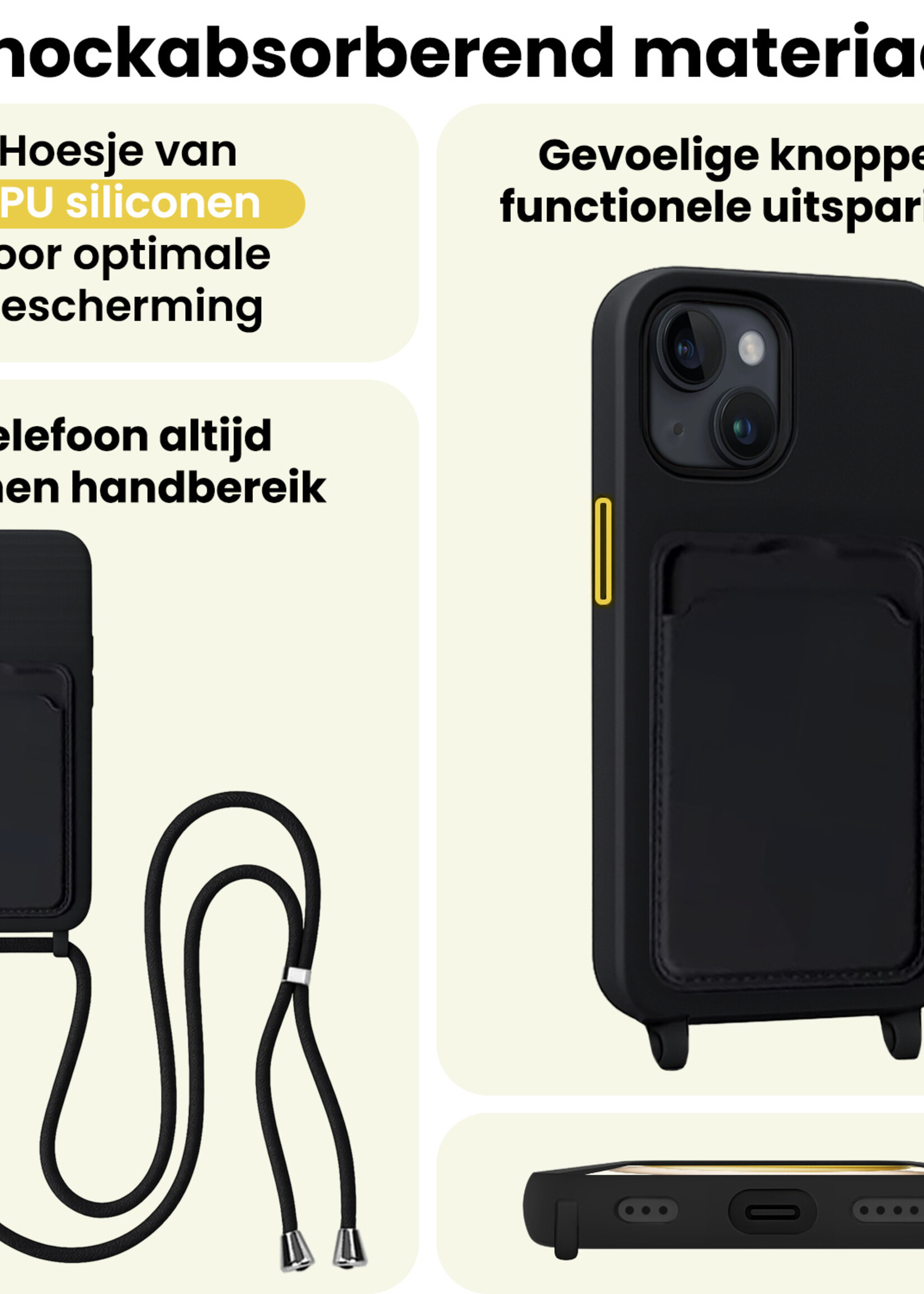 LUQ LUQ iPhone 15 Plus Hoesje Pashouder met Koord - Zwart