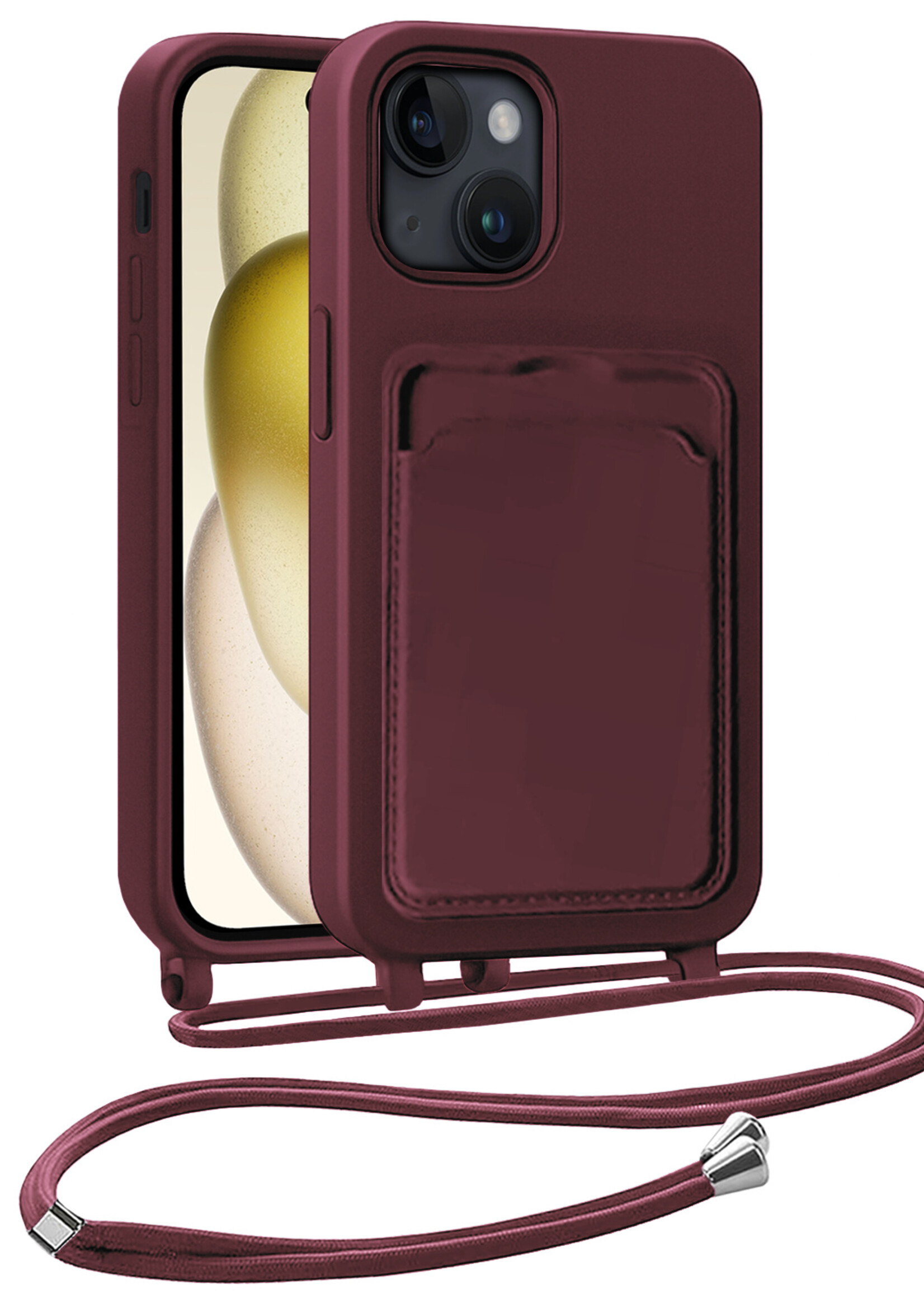 LUQ LUQ iPhone 15 Hoesje Pashouder met Koord - Aubergine