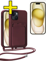 LUQ LUQ iPhone 15 Hoesje Pashouder met Koord Met Screenprotector - Aubergine