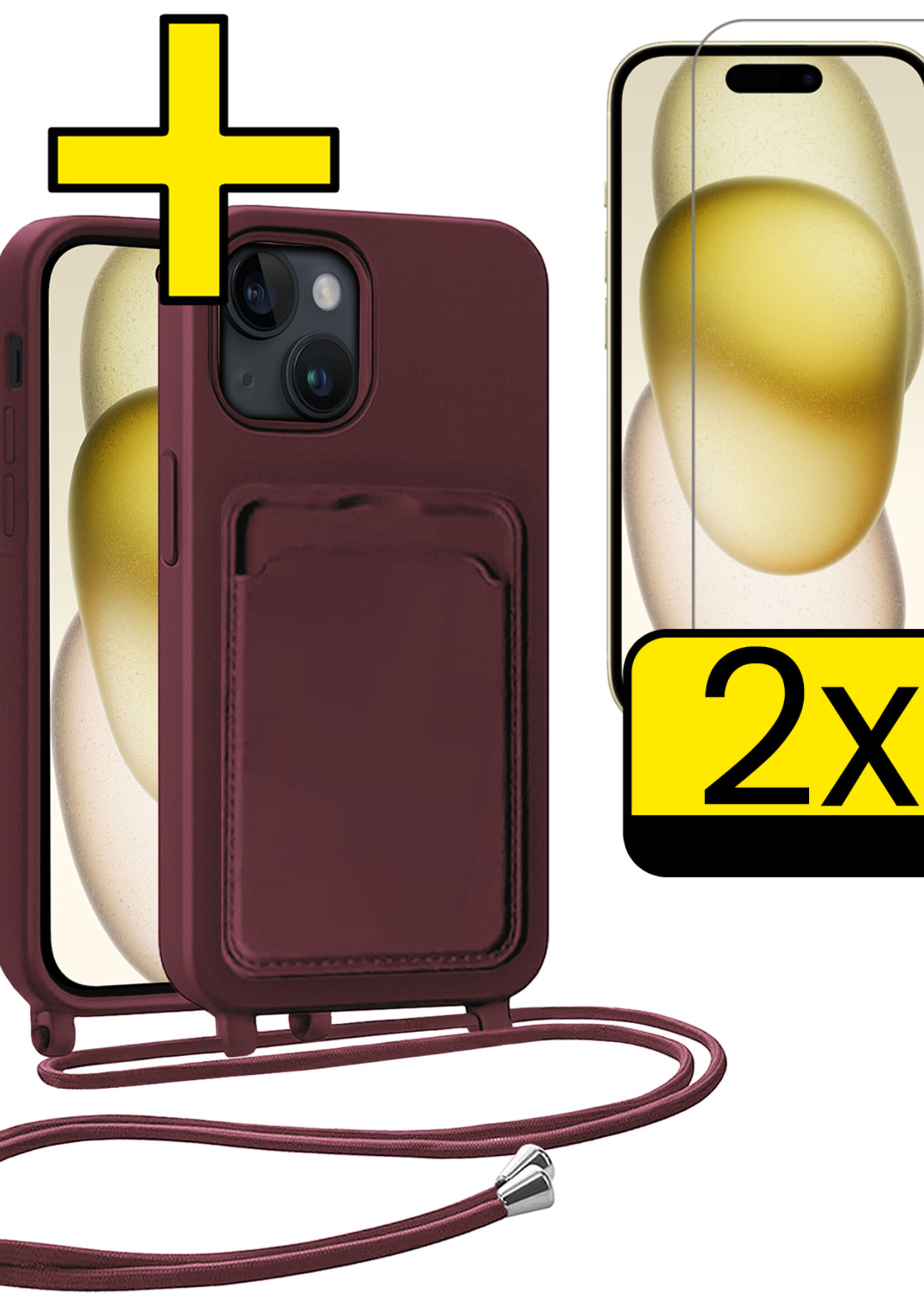 LUQ LUQ iPhone 15 Hoesje Pashouder met Koord Met 2x Screenprotector - Aubergine