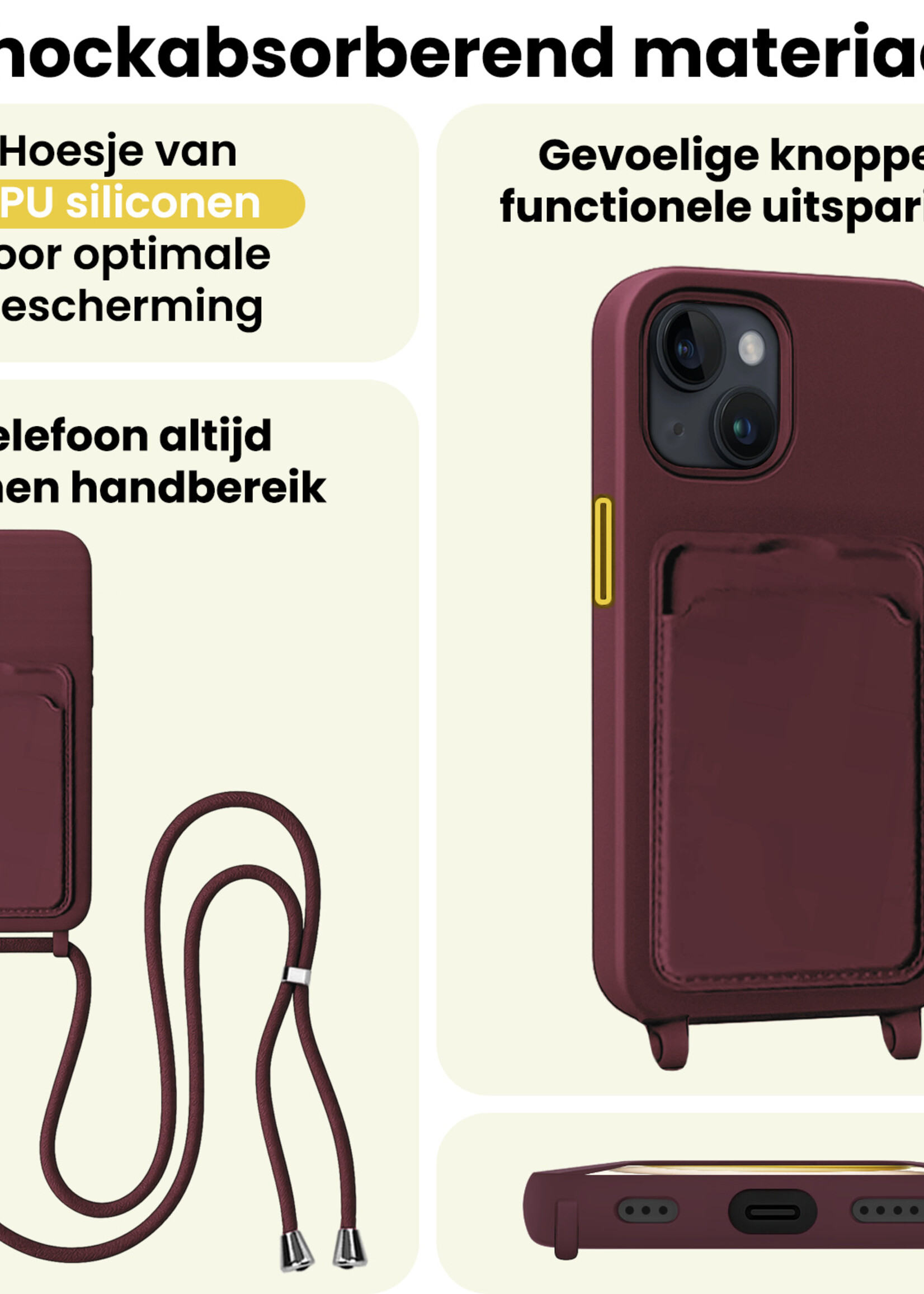 LUQ LUQ iPhone 15 Hoesje Pashouder met Koord Met 2x Screenprotector - Aubergine