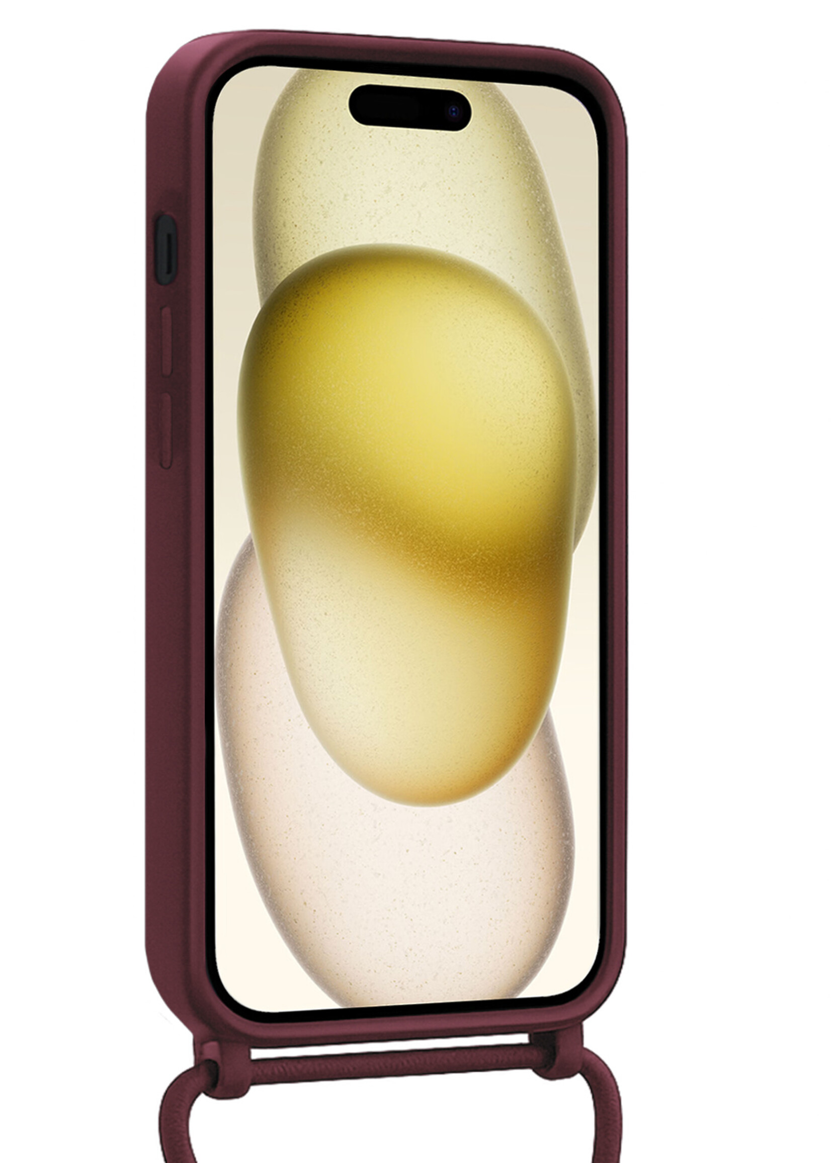 LUQ LUQ iPhone 15 Hoesje Pashouder met Koord Met 2x Screenprotector - Aubergine