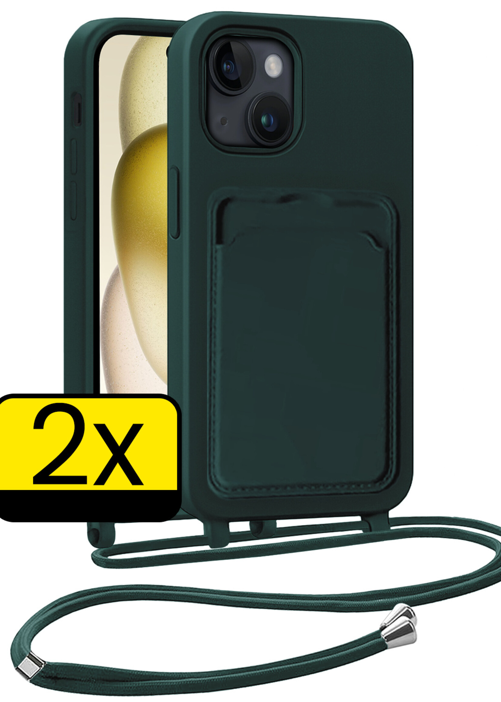 LUQ LUQ iPhone 15 Hoesje Pashouder met Koord - Donkergroen - 2 PACK