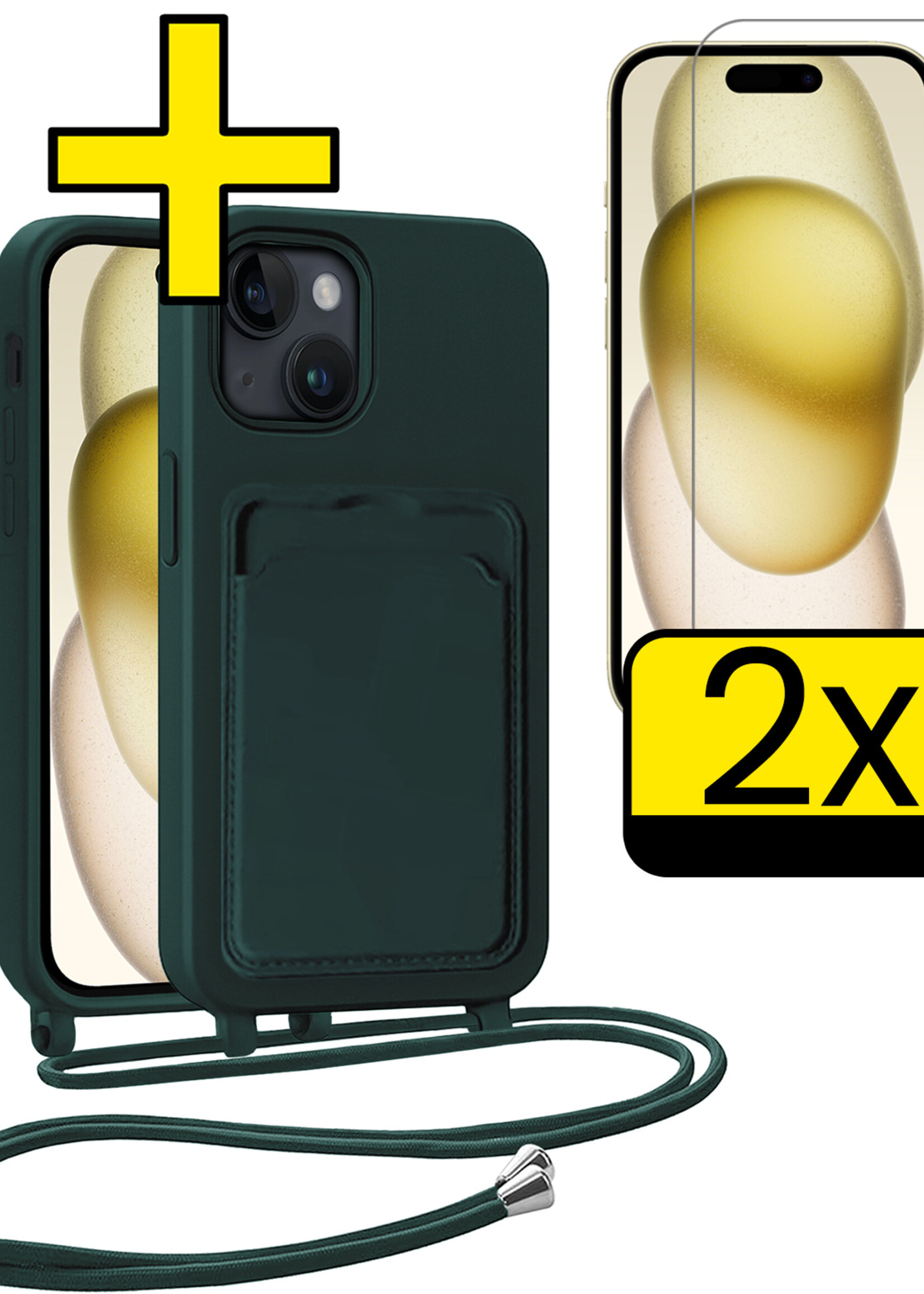 LUQ LUQ iPhone 15 Hoesje Pashouder met Koord Met 2x Screenprotector - Donkergroen