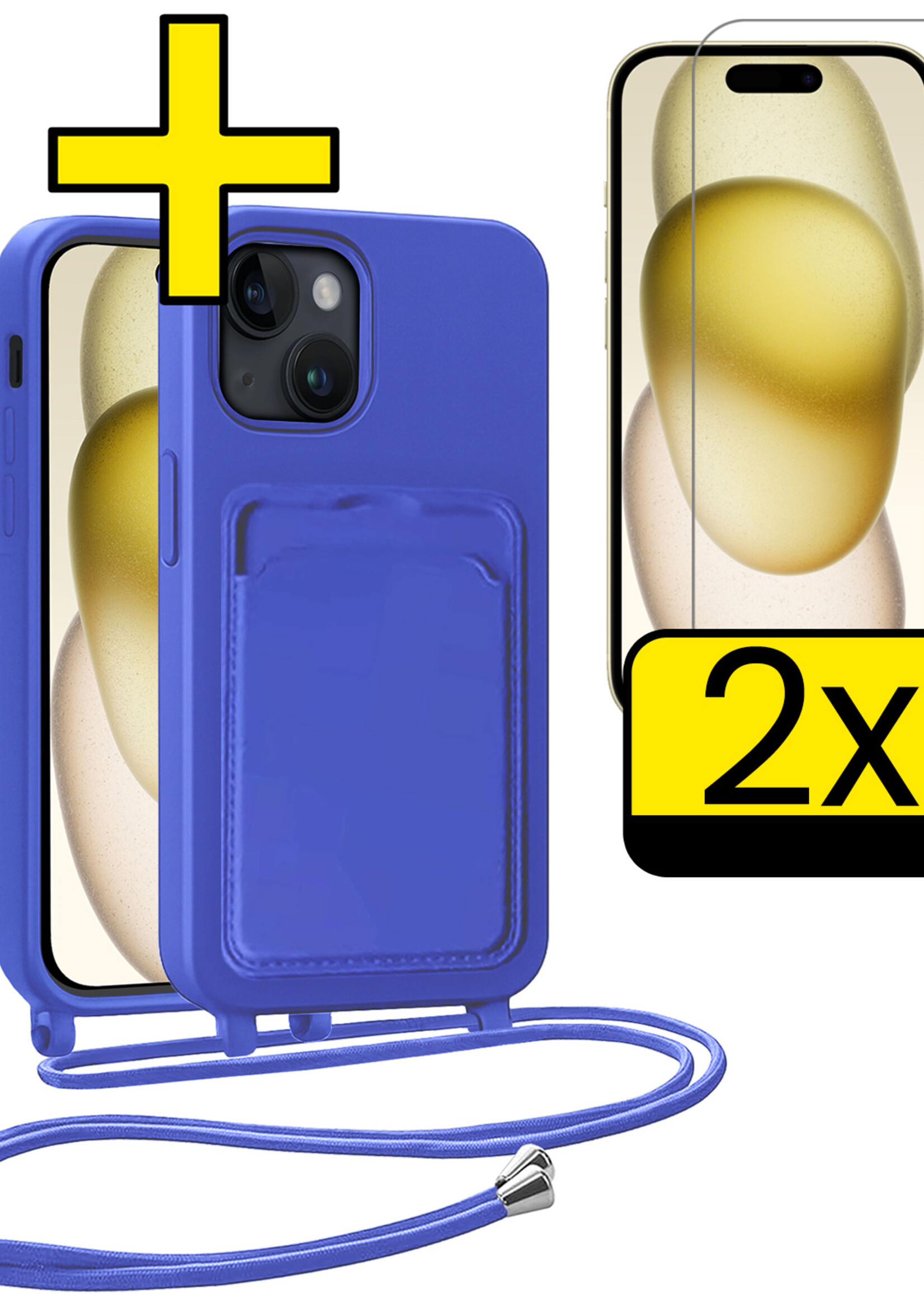 LUQ LUQ iPhone 15 Hoesje Pashouder met Koord Met 2x Screenprotector - Fel Blauw