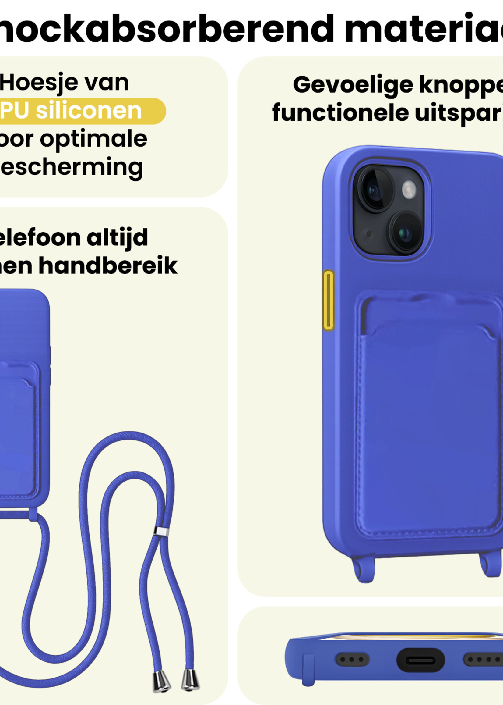 LUQ LUQ iPhone 15 Hoesje Pashouder met Koord Met 2x Screenprotector - Fel Blauw