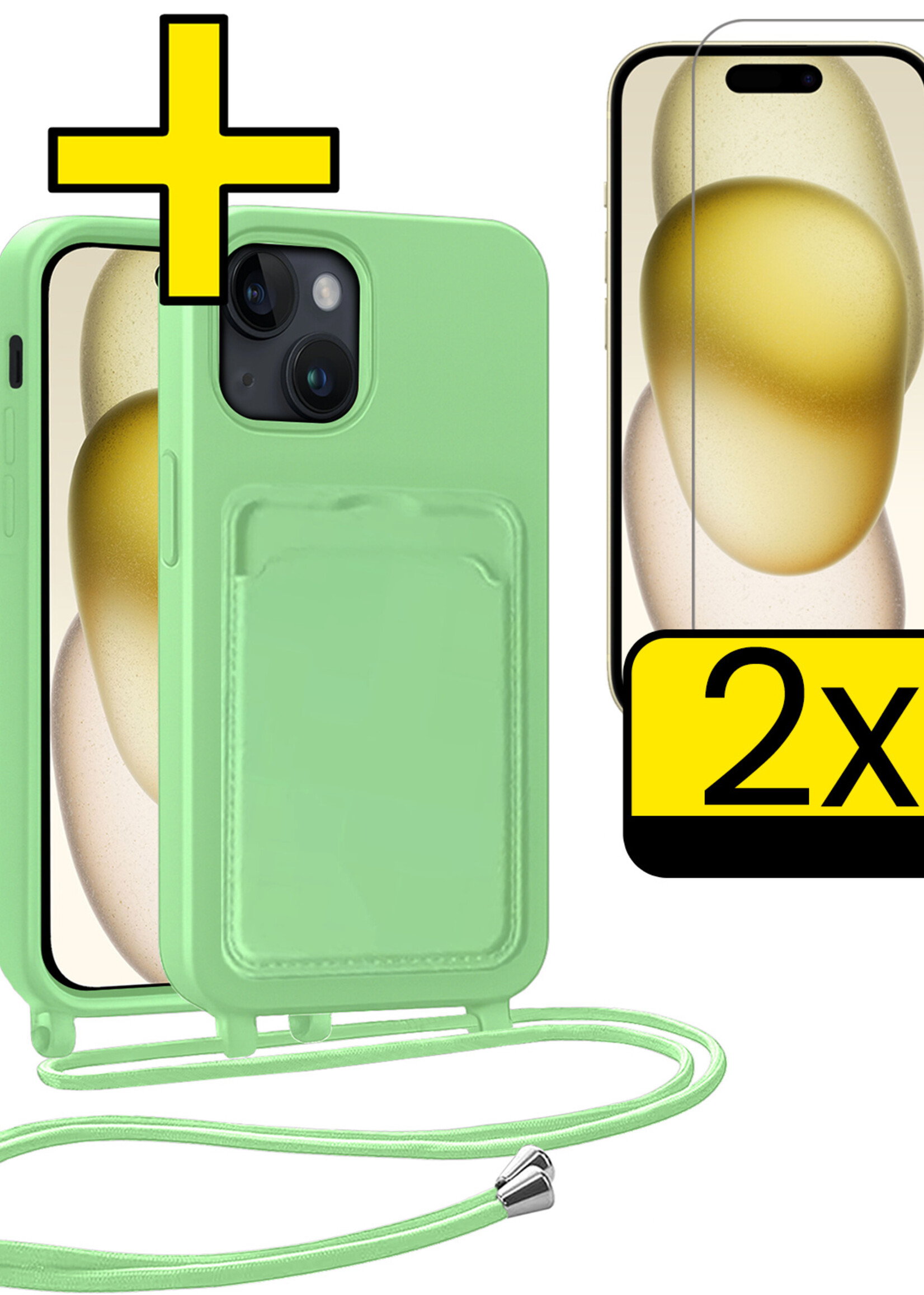 LUQ LUQ iPhone 15 Hoesje Pashouder met Koord Met 2x Screenprotector - Groen