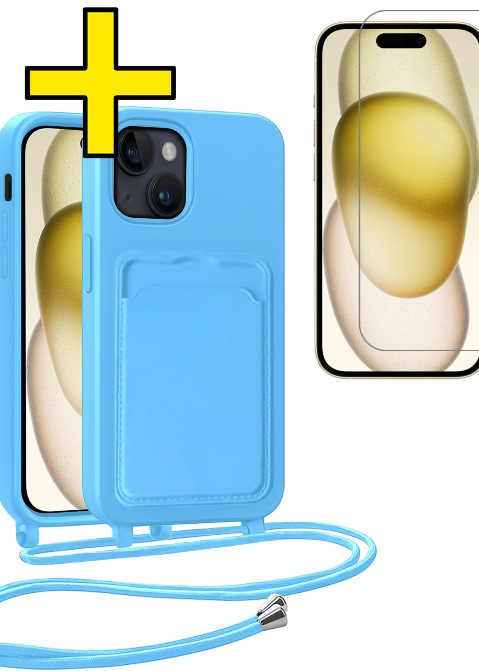LUQ LUQ iPhone 15 Hoesje Pashouder met Koord Met Screenprotector - Lichtblauw