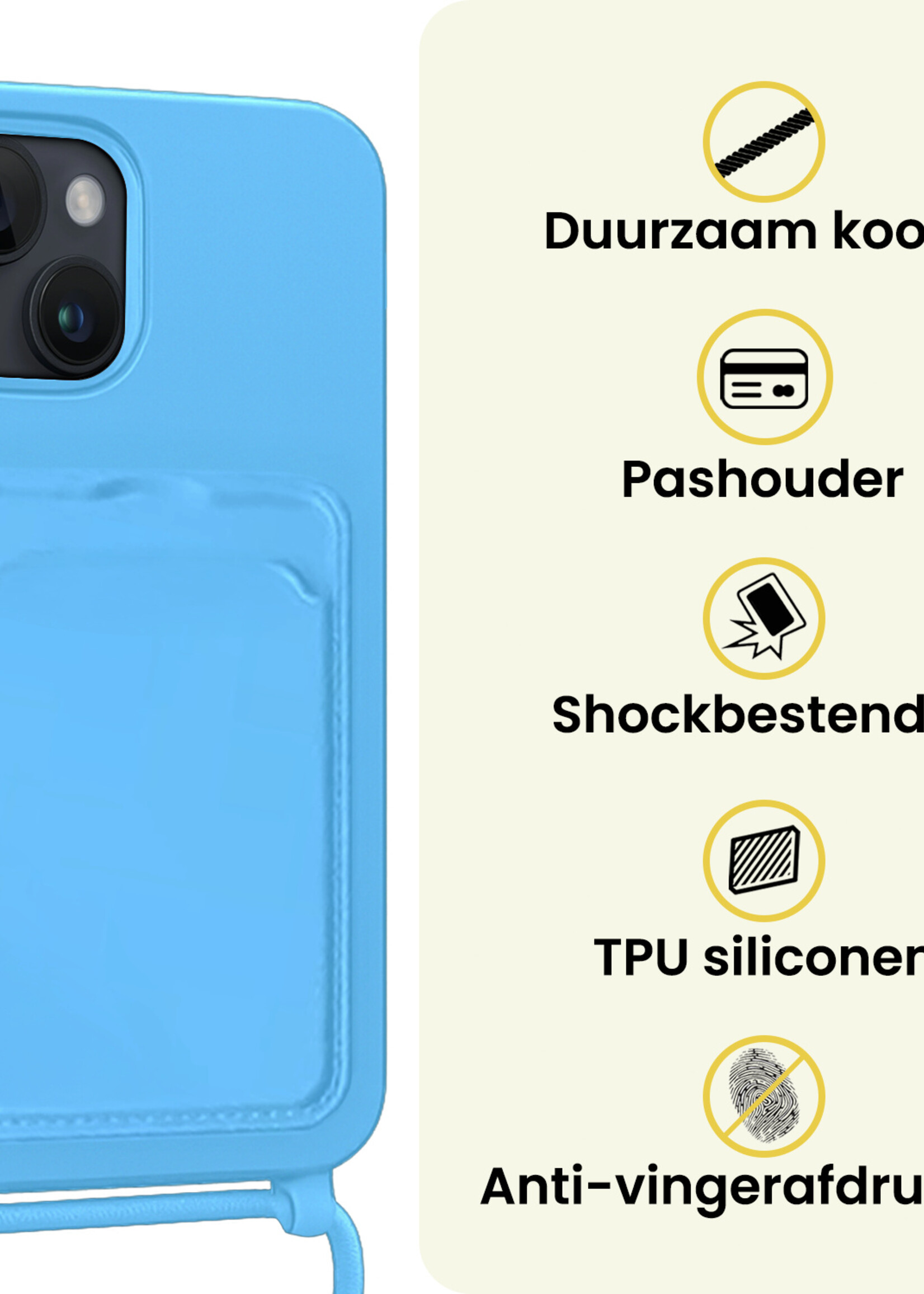 LUQ LUQ iPhone 15 Hoesje Pashouder met Koord Met Screenprotector - Lichtblauw