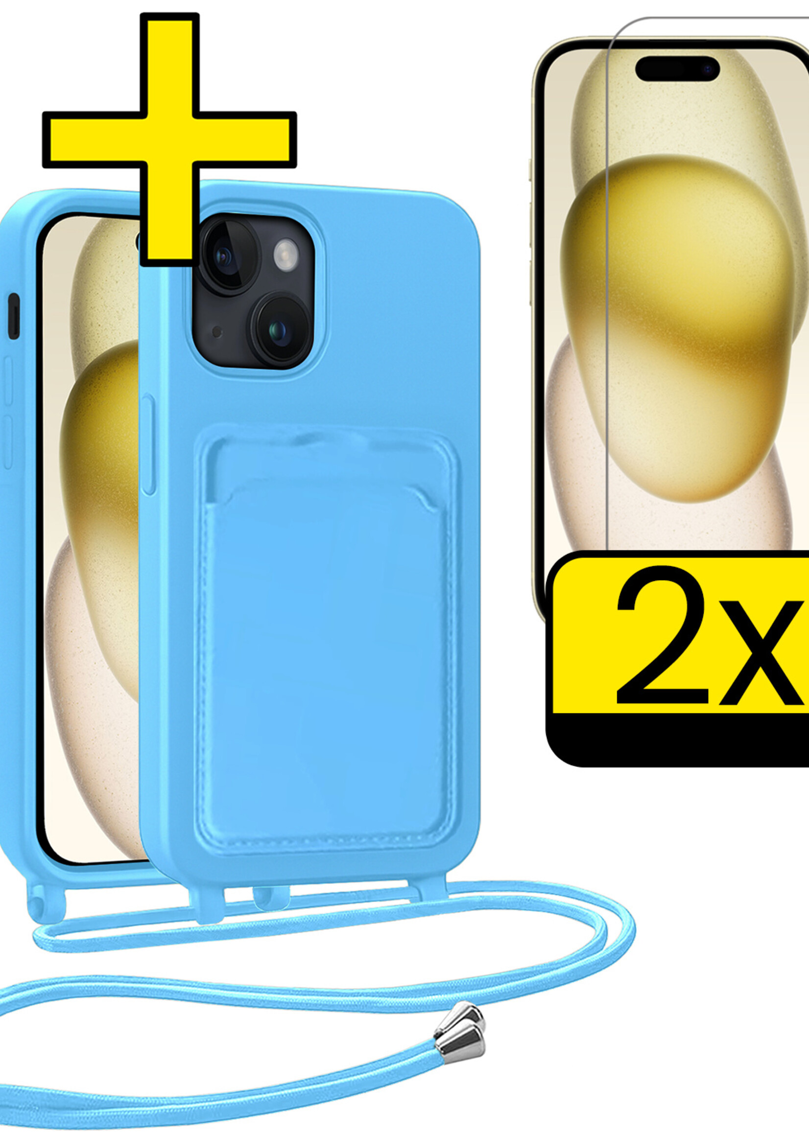 LUQ LUQ iPhone 15 Hoesje Pashouder met Koord Met 2x Screenprotector - Lichtblauw