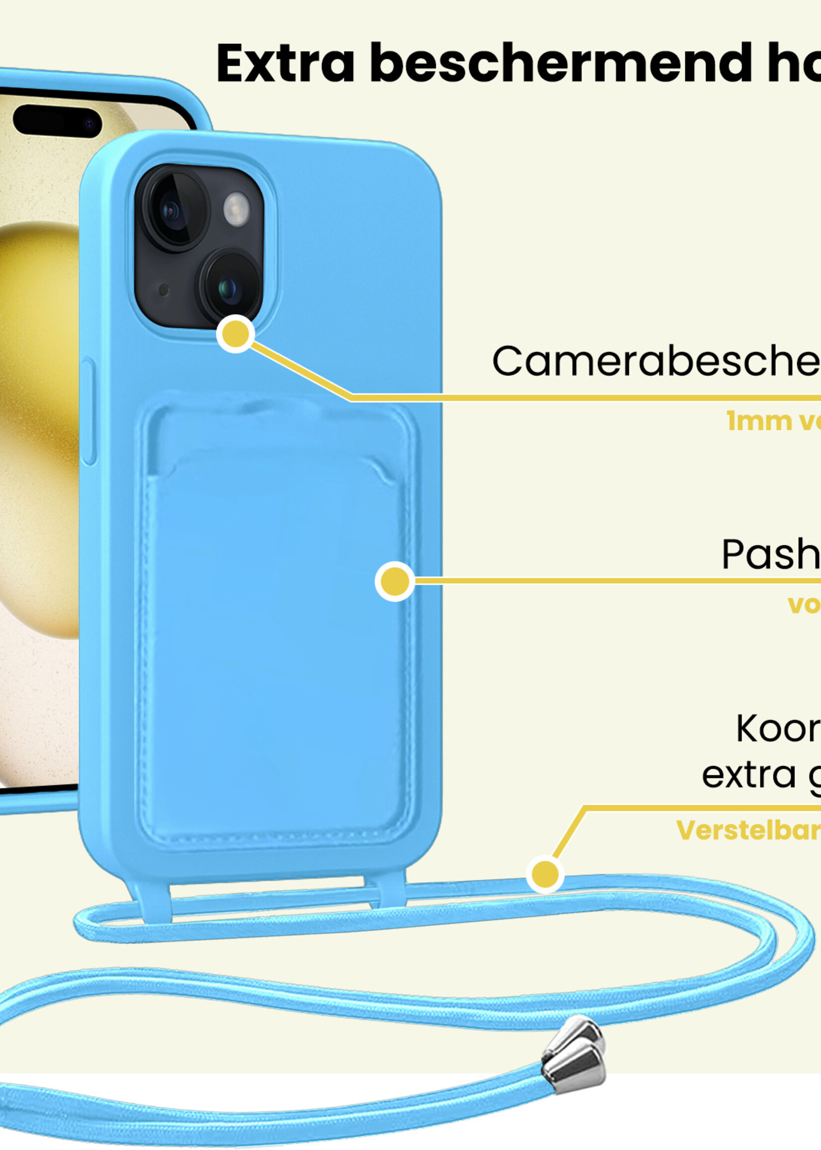 LUQ LUQ iPhone 15 Hoesje Pashouder met Koord Met 2x Screenprotector - Lichtblauw