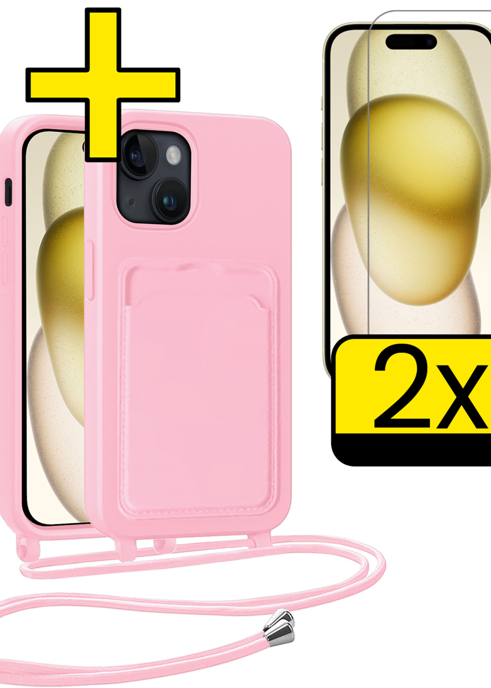 LUQ LUQ iPhone 15 Hoesje Pashouder met Koord Met 2x Screenprotector - Lichtroze