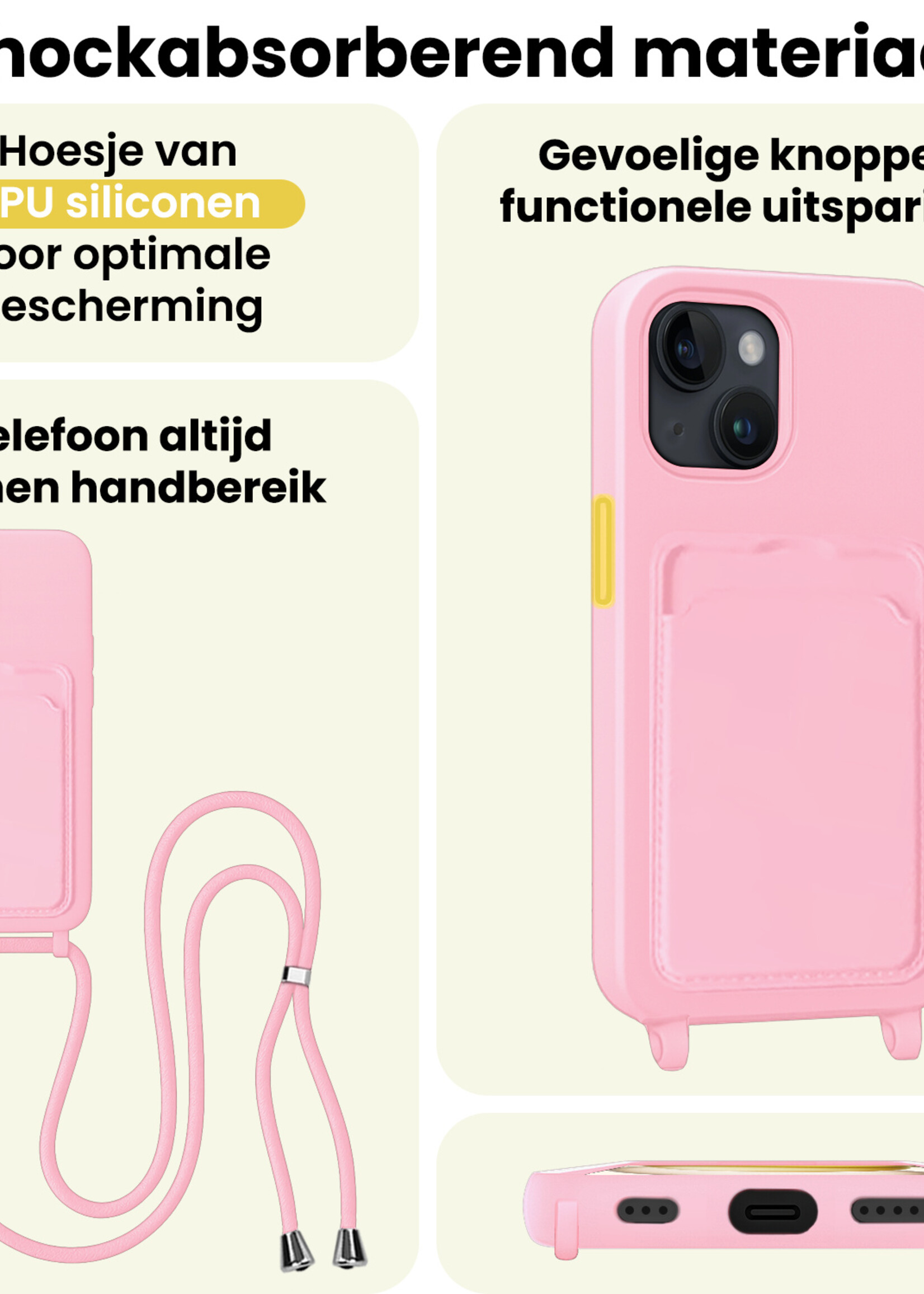 LUQ LUQ iPhone 15 Hoesje Pashouder met Koord Met 2x Screenprotector - Lichtroze