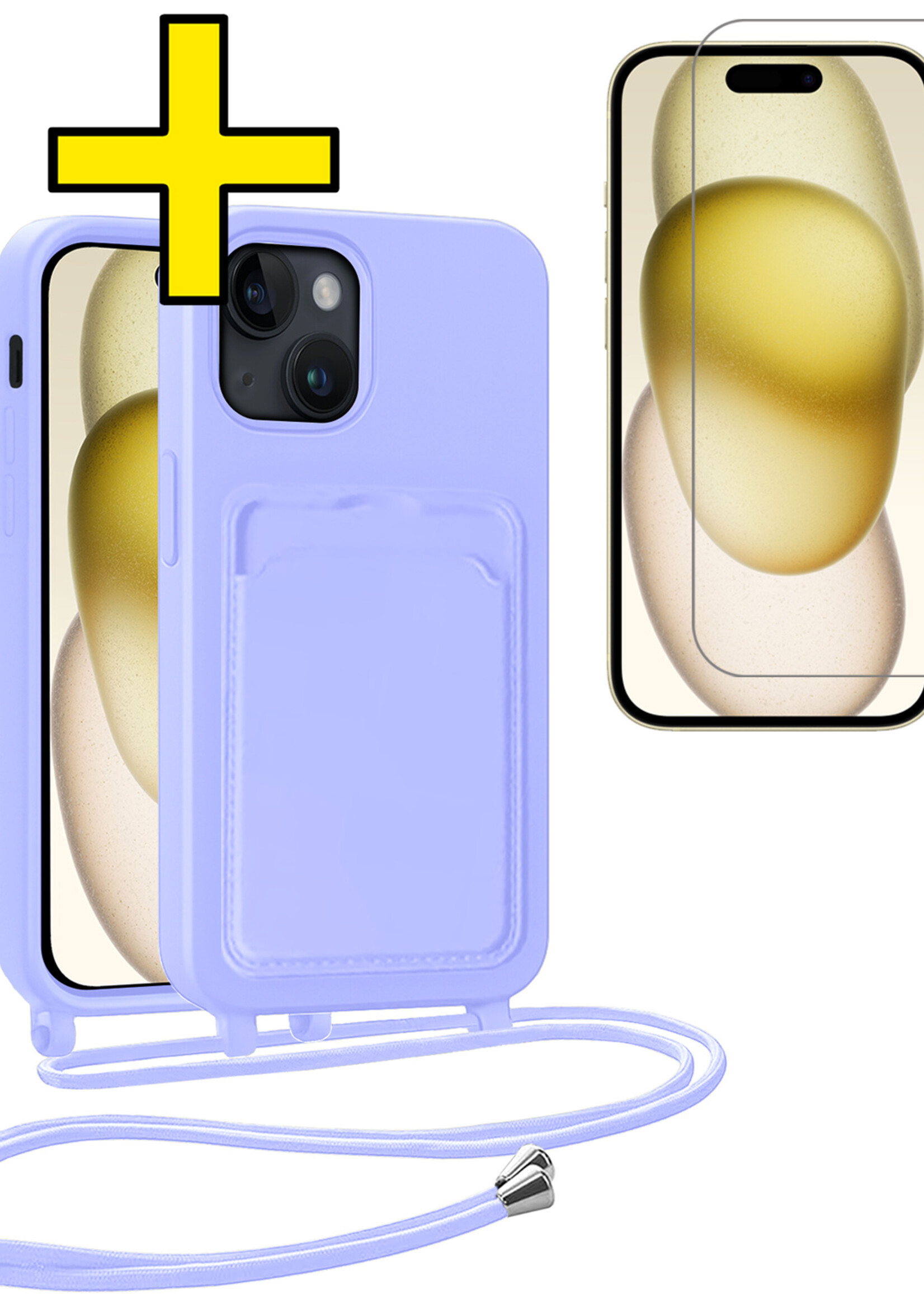 LUQ LUQ iPhone 15 Hoesje Pashouder met Koord Met Screenprotector - Lila