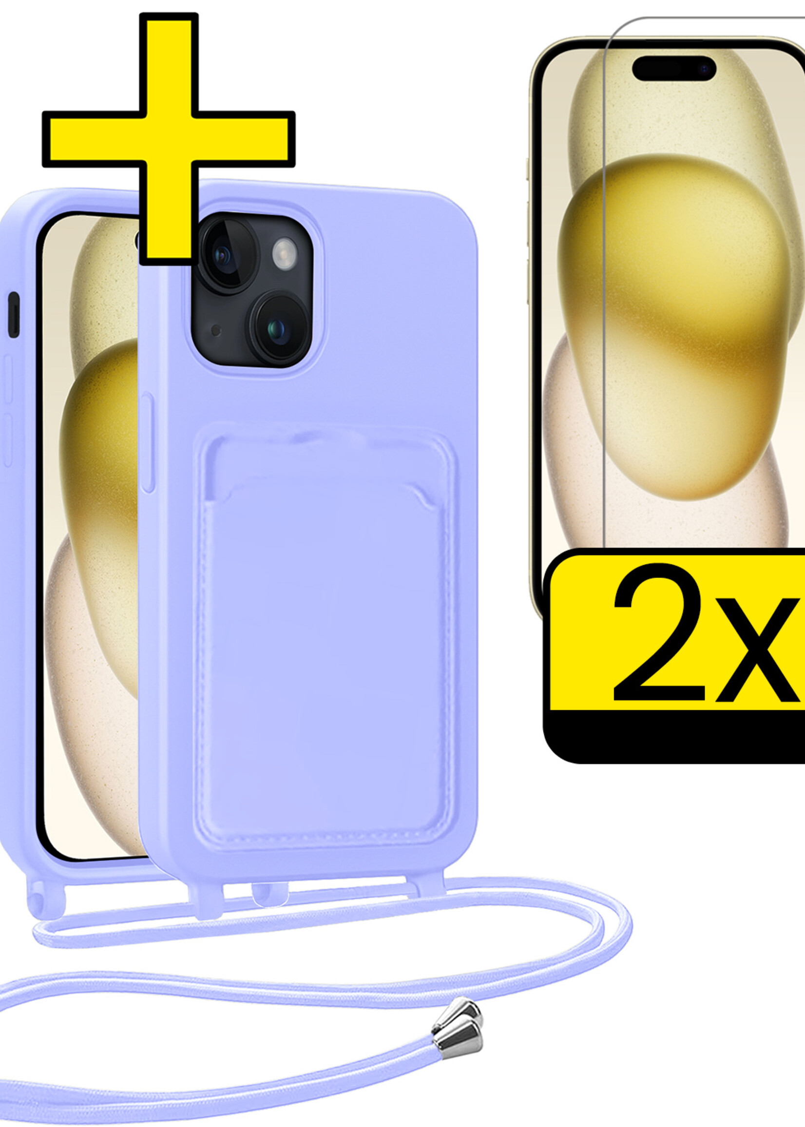LUQ LUQ iPhone 15 Hoesje Pashouder met Koord Met 2x Screenprotector - Lila