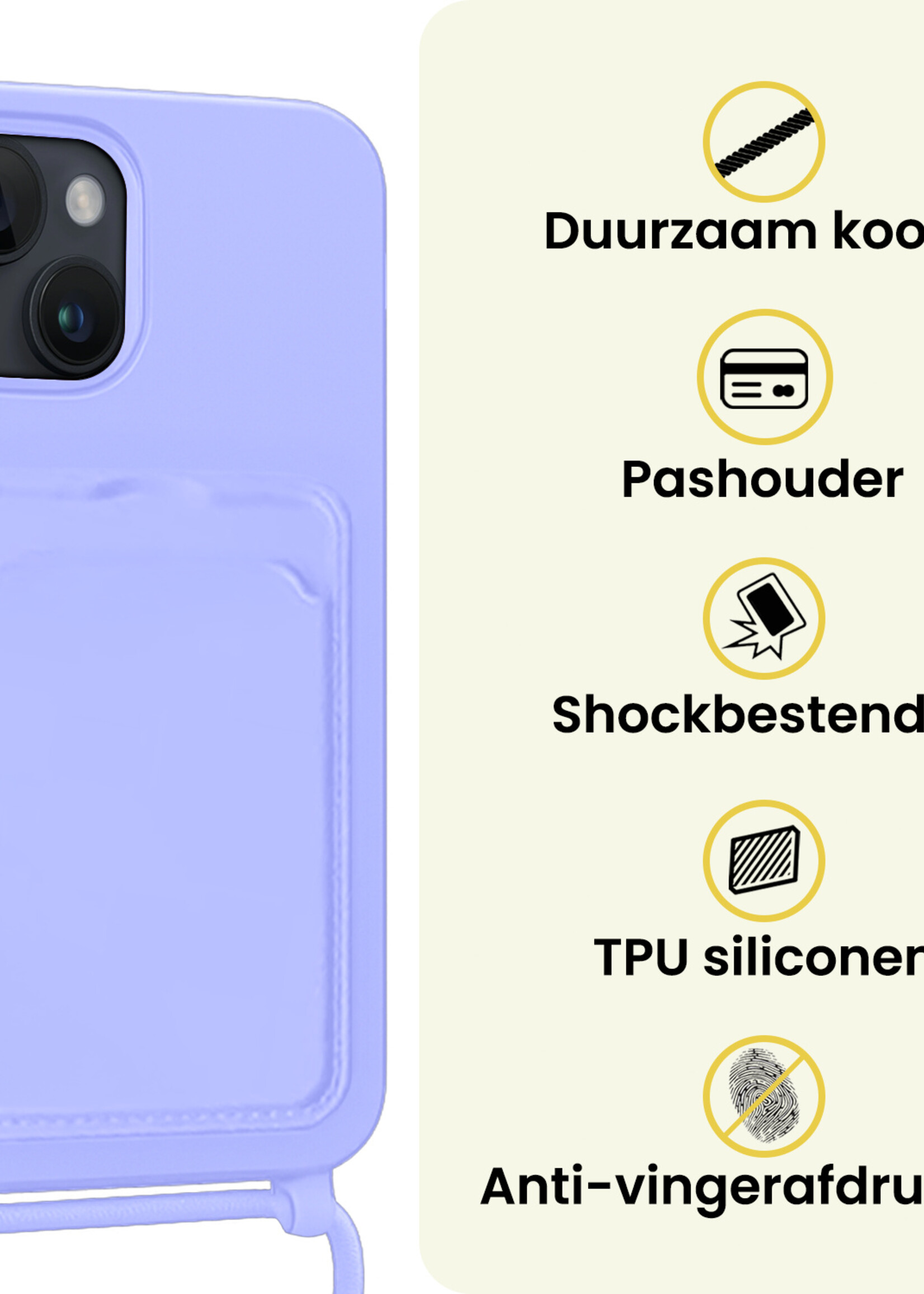 LUQ LUQ iPhone 15 Hoesje Pashouder met Koord Met 2x Screenprotector - Lila