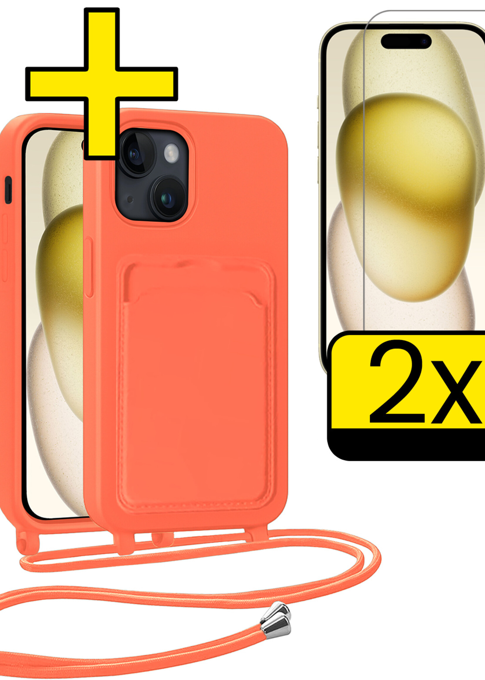 LUQ LUQ iPhone 15 Hoesje Pashouder met Koord Met 2x Screenprotector - Papaya