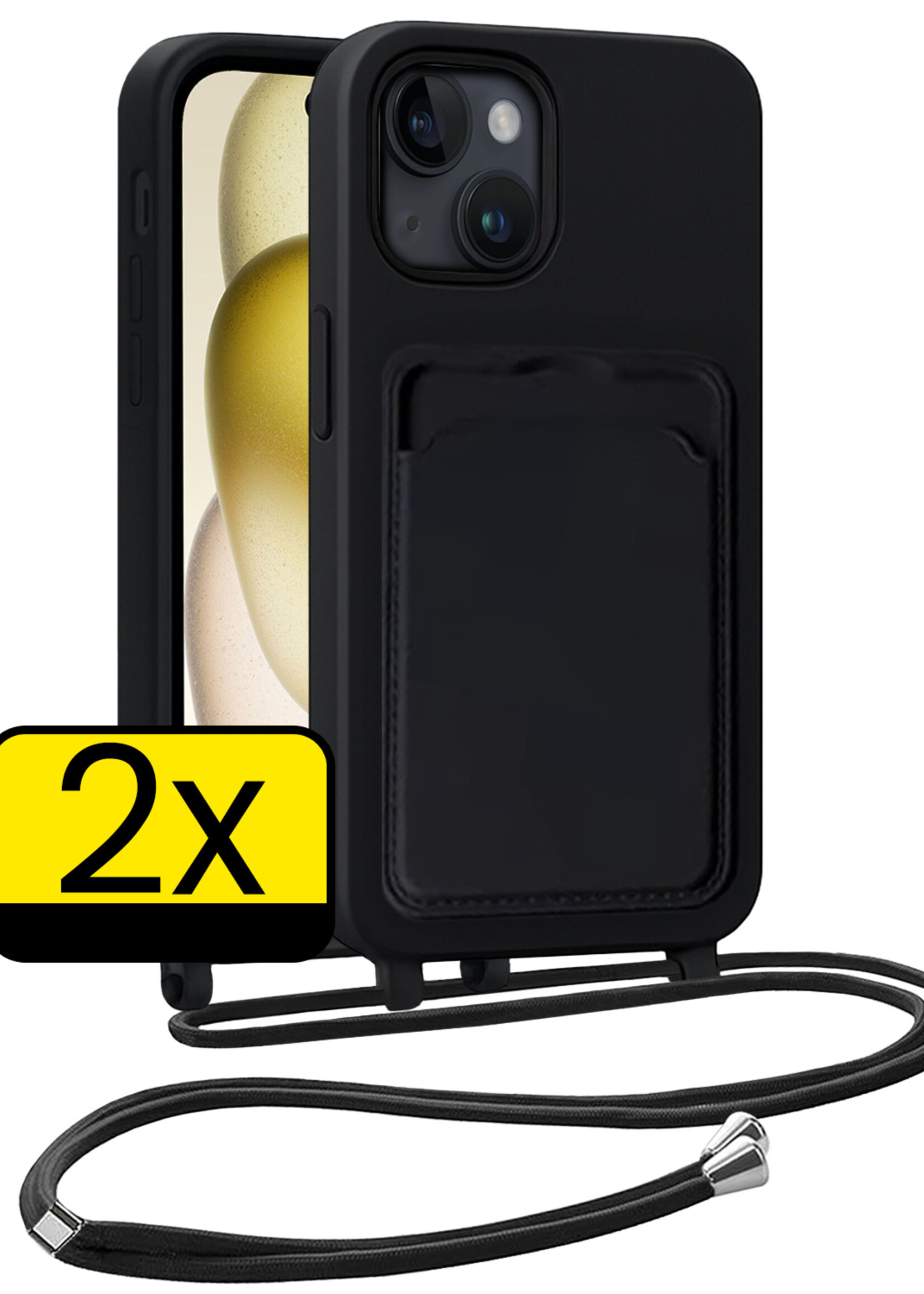 LUQ LUQ iPhone 15 Hoesje Pashouder met Koord - Zwart - 2 PACK