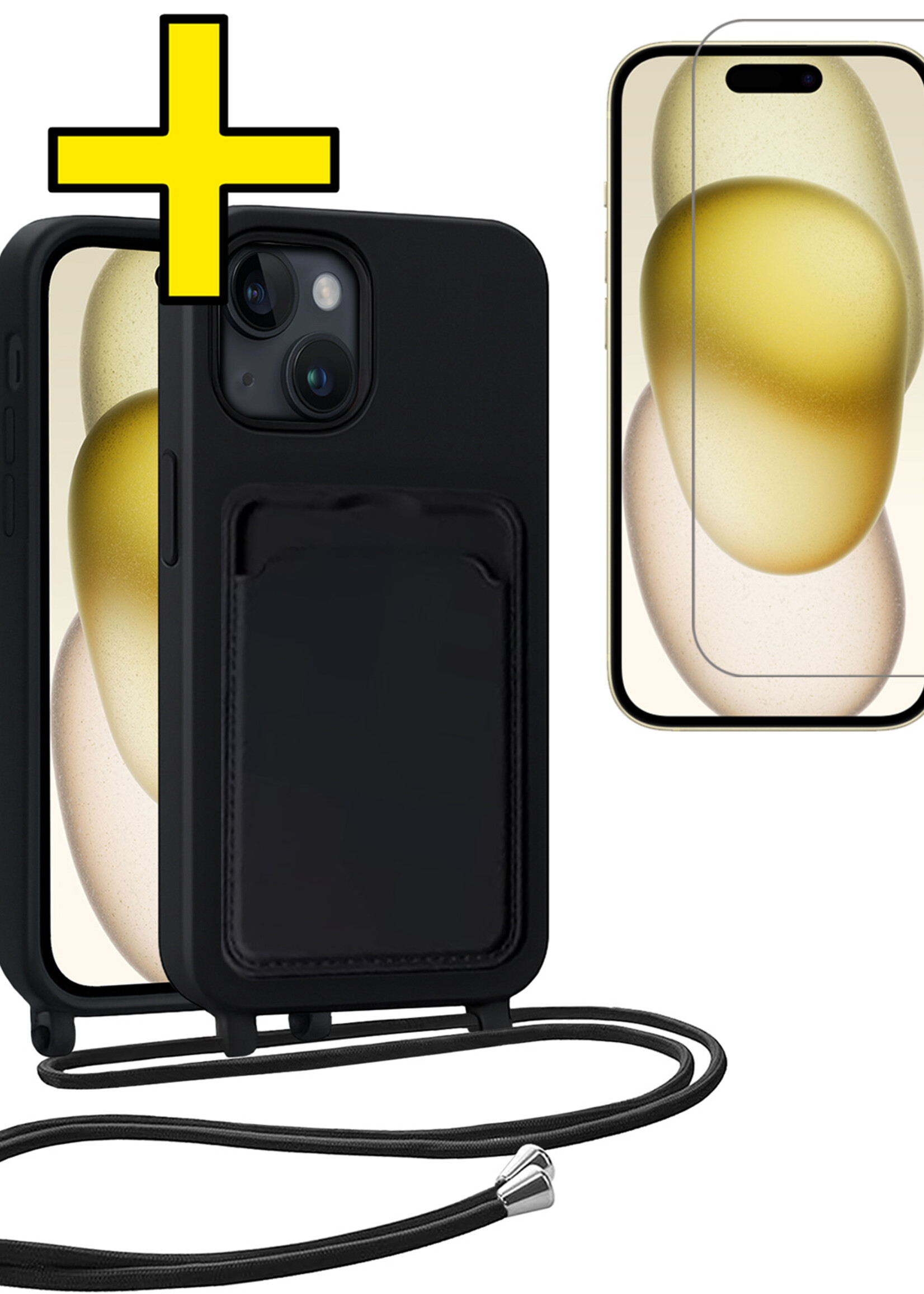 LUQ LUQ iPhone 15 Hoesje Pashouder met Koord Met Screenprotector - Zwart