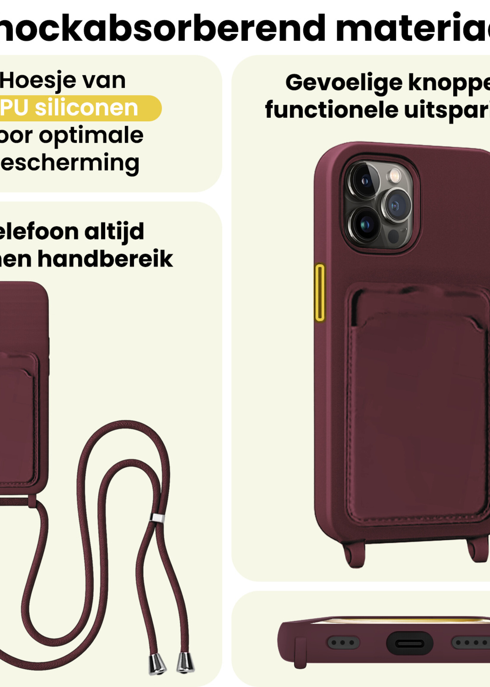 LUQ LUQ iPhone 15 Pro Hoesje Pashouder met Koord Met 2x Screenprotector - Aubergine