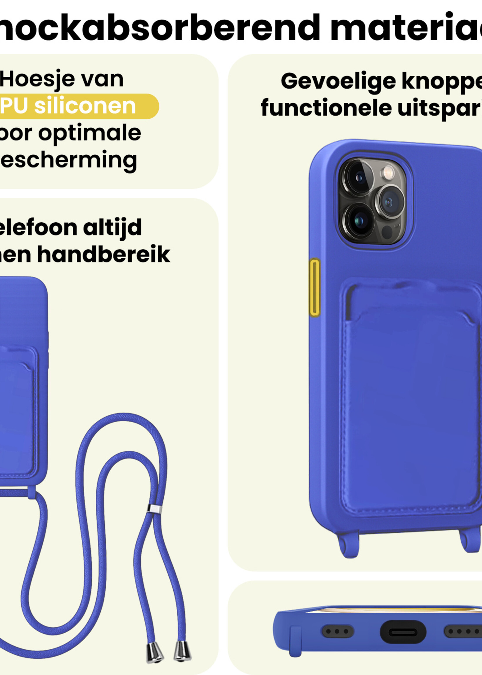 LUQ LUQ iPhone 15 Pro Hoesje Pashouder met Koord Met 2x Screenprotector - Fel Blauw