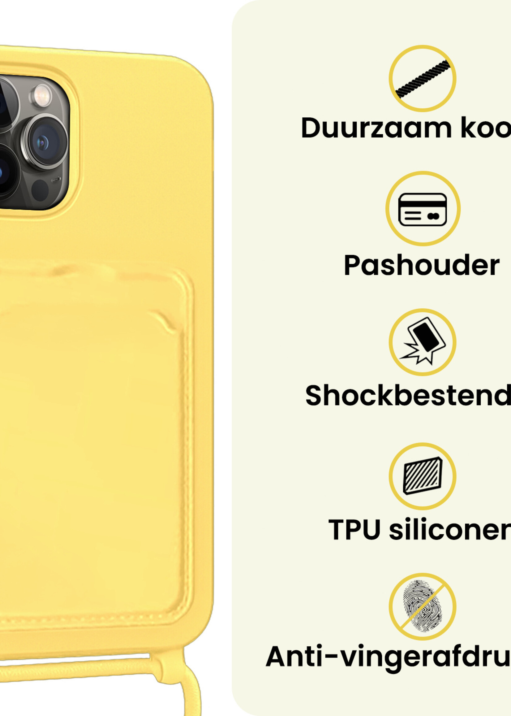 LUQ LUQ iPhone 15 Pro Hoesje Pashouder met Koord Met Screenprotector - Geel