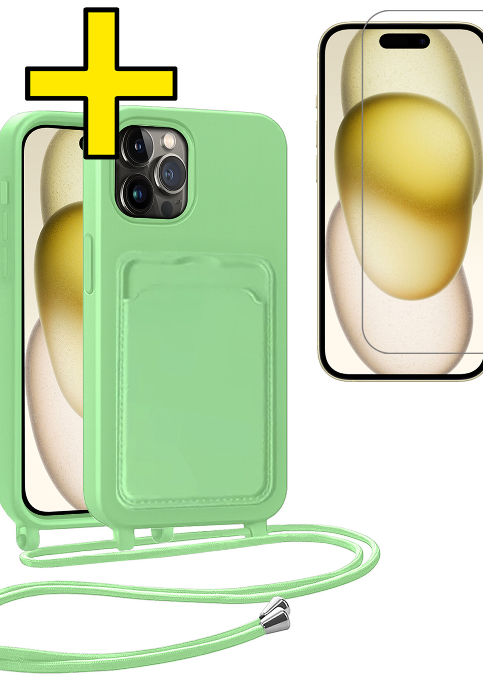 LUQ LUQ iPhone 15 Pro Hoesje Pashouder met Koord Met Screenprotector - Groen