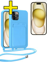 LUQ LUQ iPhone 15 Pro Hoesje Pashouder met Koord Met Screenprotector - Lichtblauw