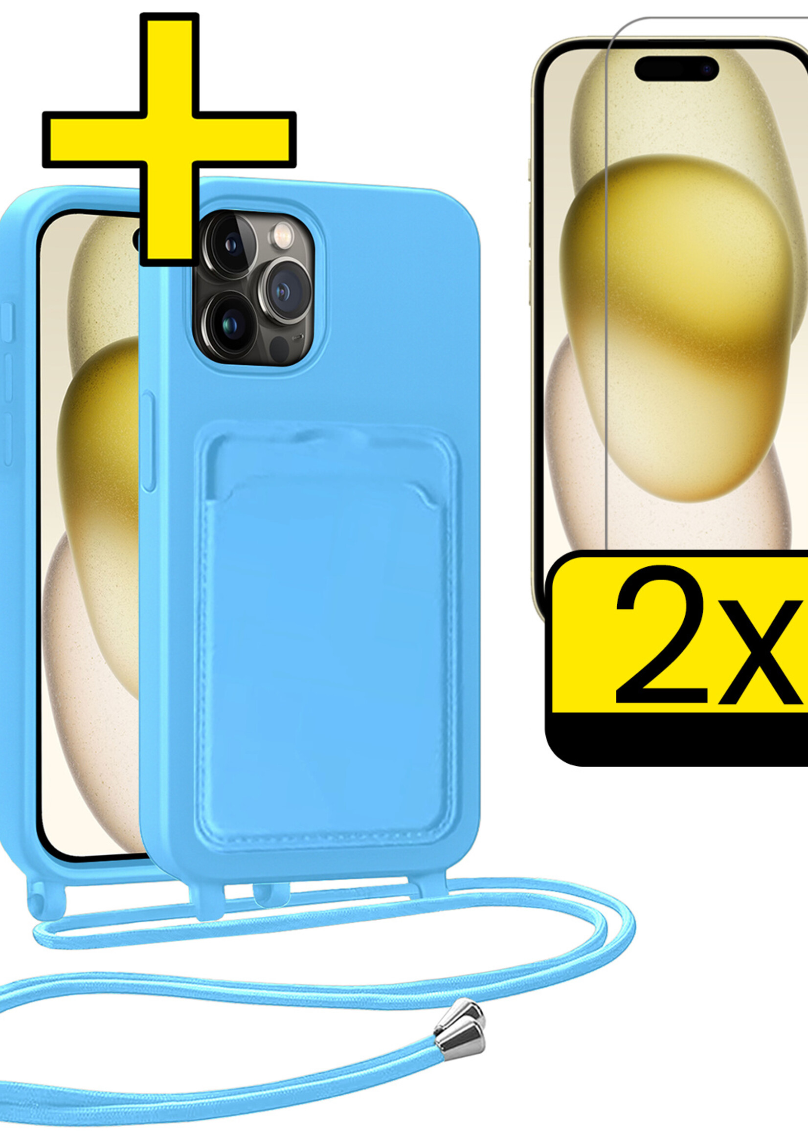 LUQ LUQ iPhone 15 Pro Hoesje Pashouder met Koord Met 2x Screenprotector - Lichtblauw