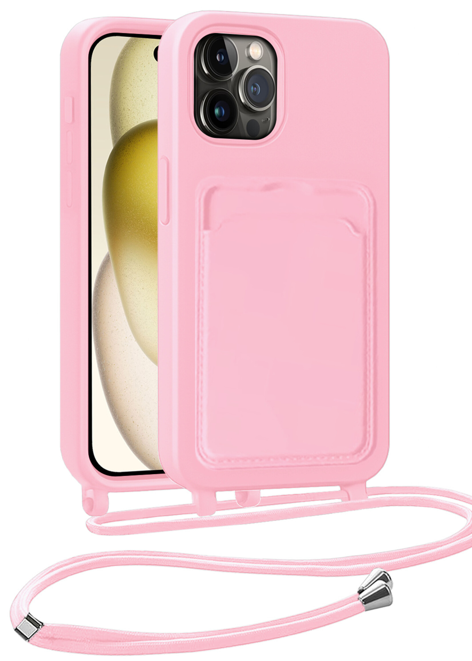 LUQ LUQ iPhone 15 Pro Hoesje Pashouder met Koord - Lichtroze