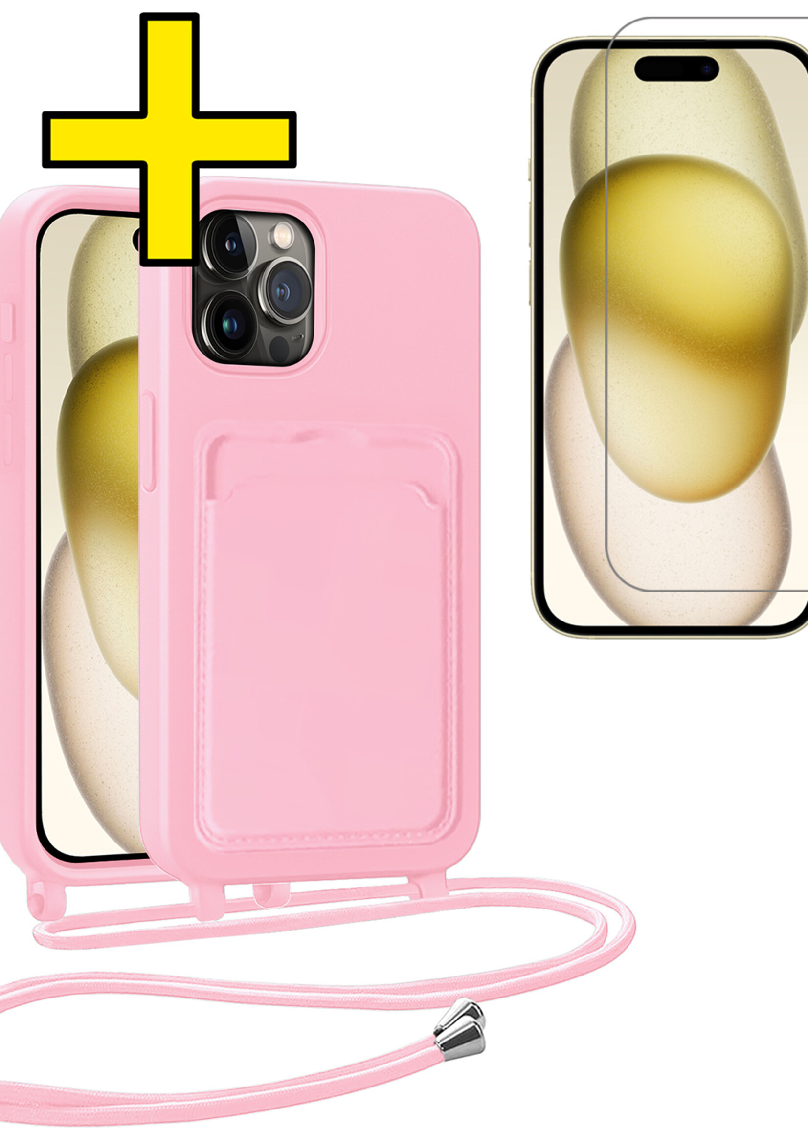 LUQ LUQ iPhone 15 Pro Hoesje Pashouder met Koord Met Screenprotector - Lichtroze