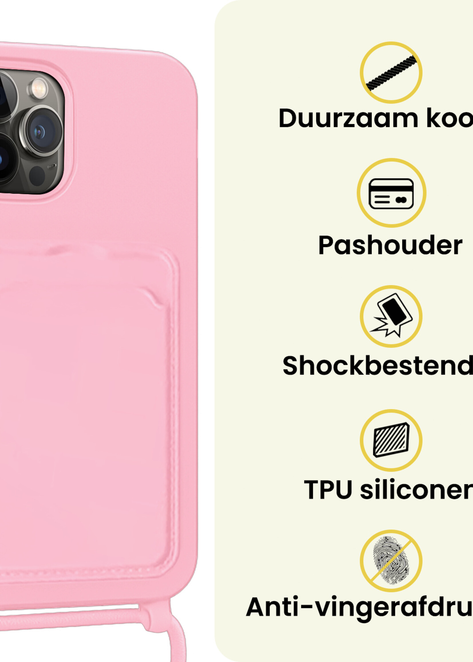 LUQ LUQ iPhone 15 Pro Hoesje Pashouder met Koord Met 2x Screenprotector - Lichtroze