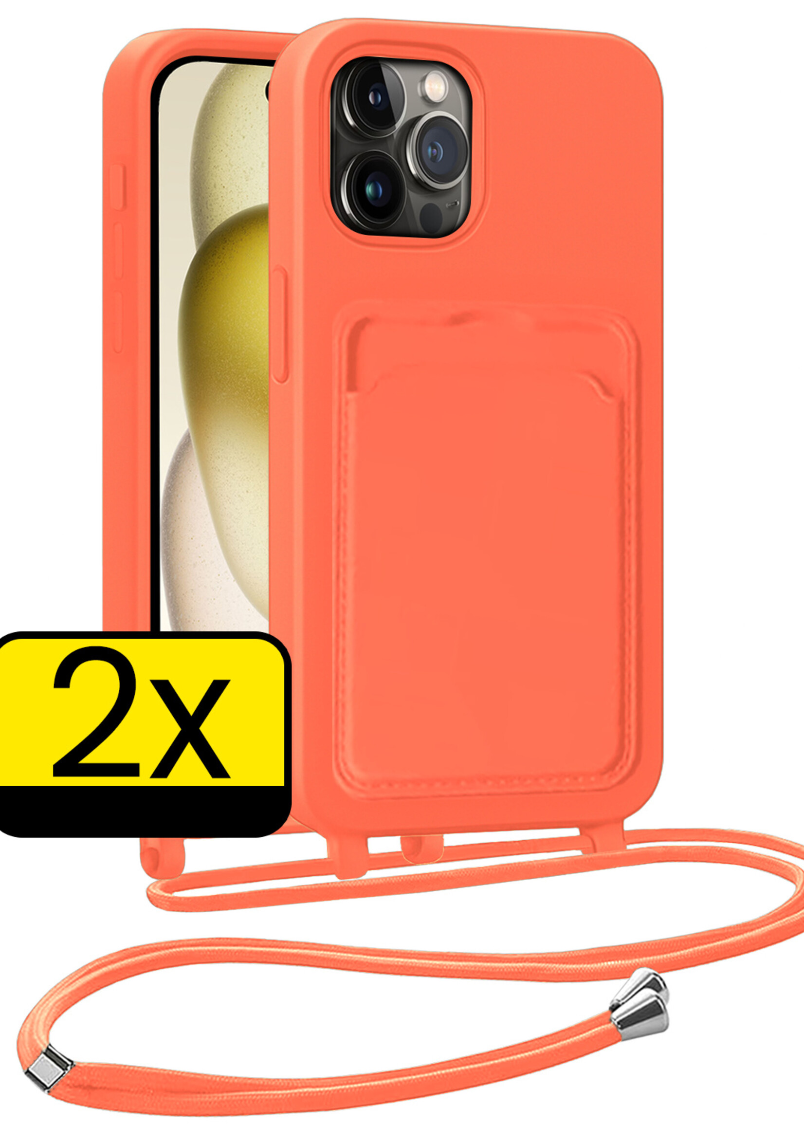 LUQ LUQ iPhone 15 Pro Hoesje Pashouder met Koord - Papaya - 2 PACK