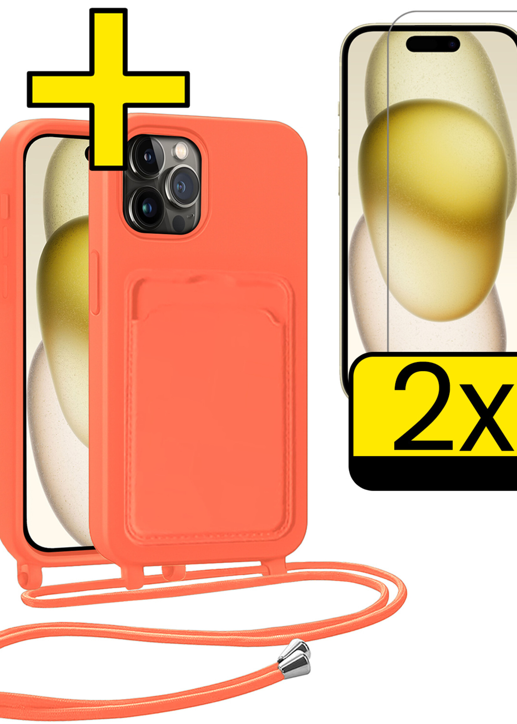 LUQ LUQ iPhone 15 Pro Hoesje Pashouder met Koord Met 2x Screenprotector - Papaya