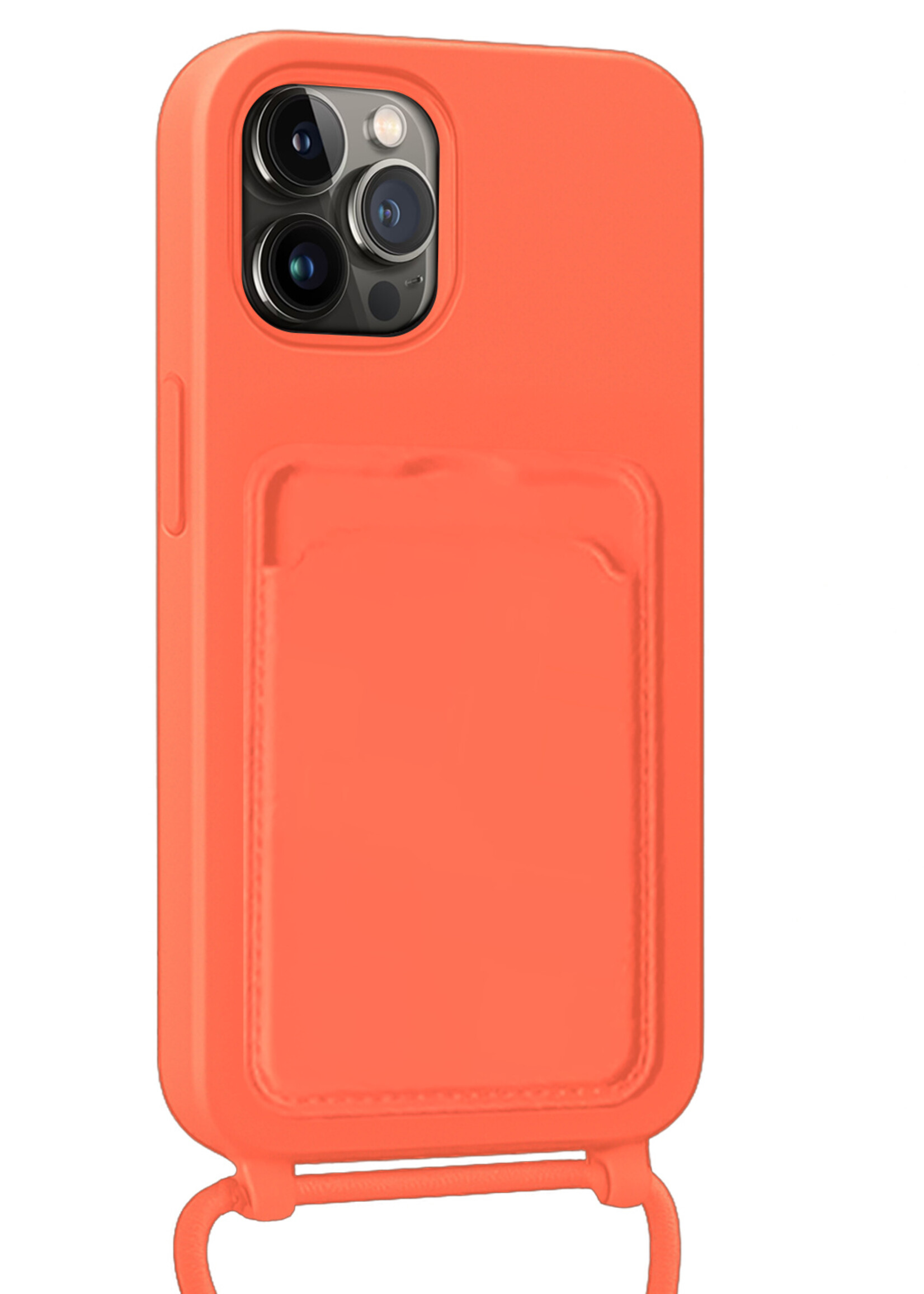 LUQ LUQ iPhone 15 Pro Hoesje Pashouder met Koord Met 2x Screenprotector - Papaya