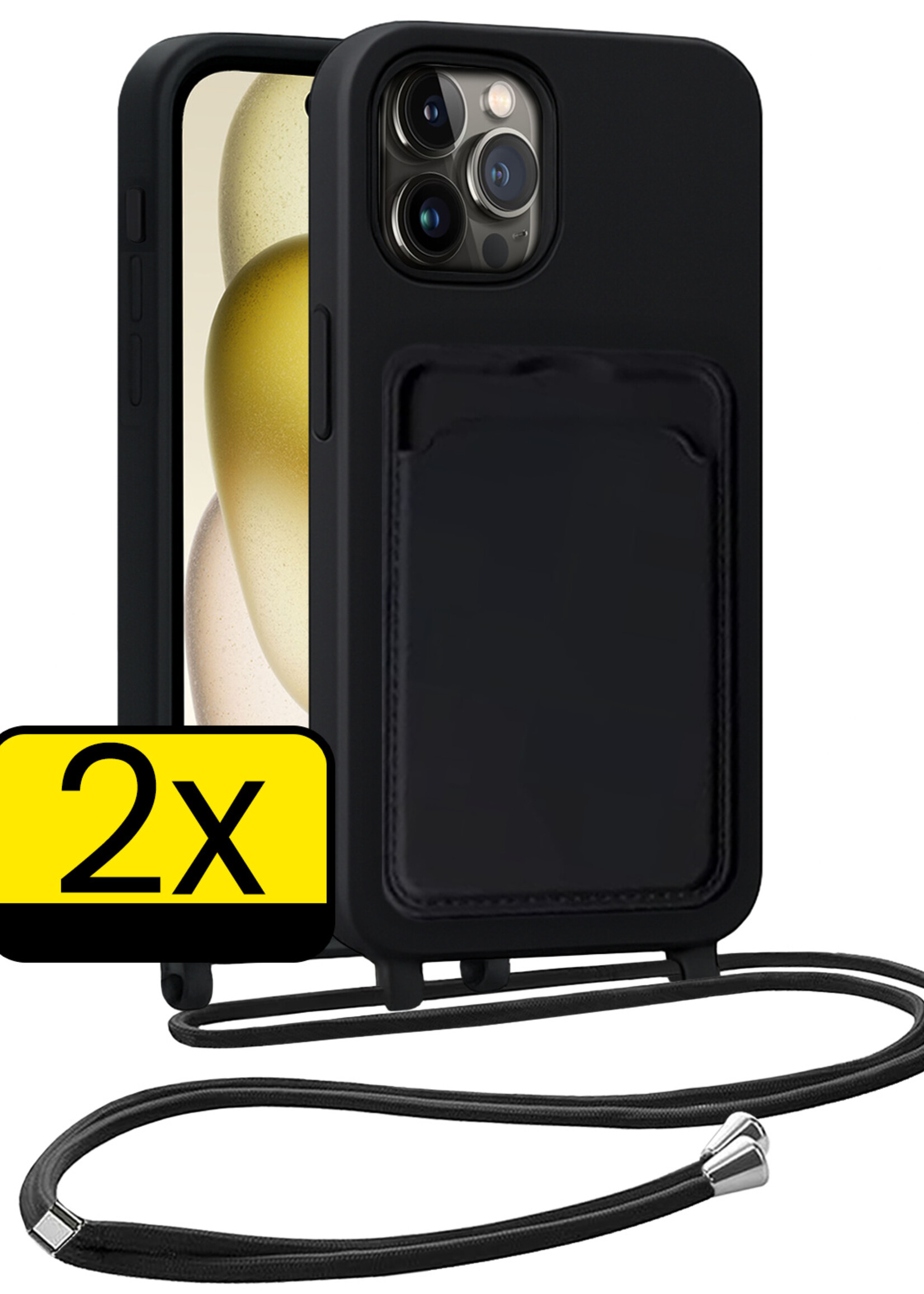 LUQ LUQ iPhone 15 Pro Hoesje Pashouder met Koord - Zwart - 2 PACK