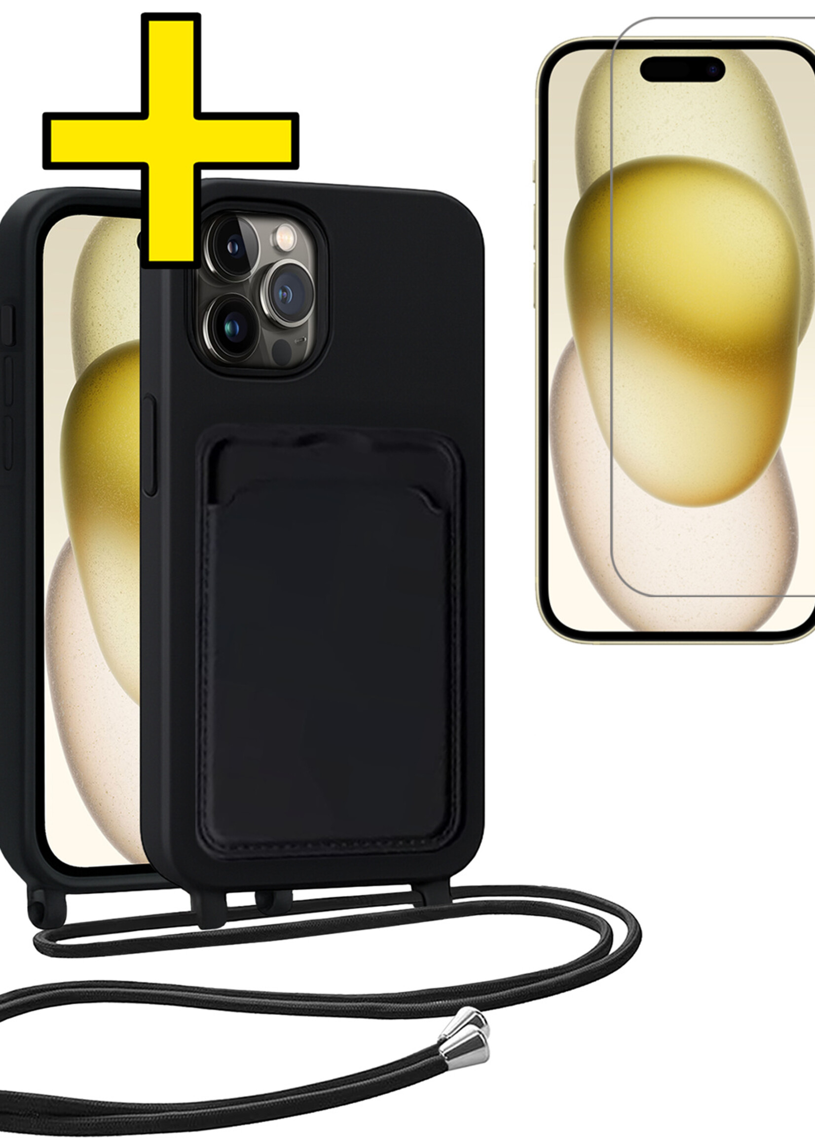 LUQ LUQ iPhone 15 Pro Hoesje Pashouder met Koord Met Screenprotector - Zwart