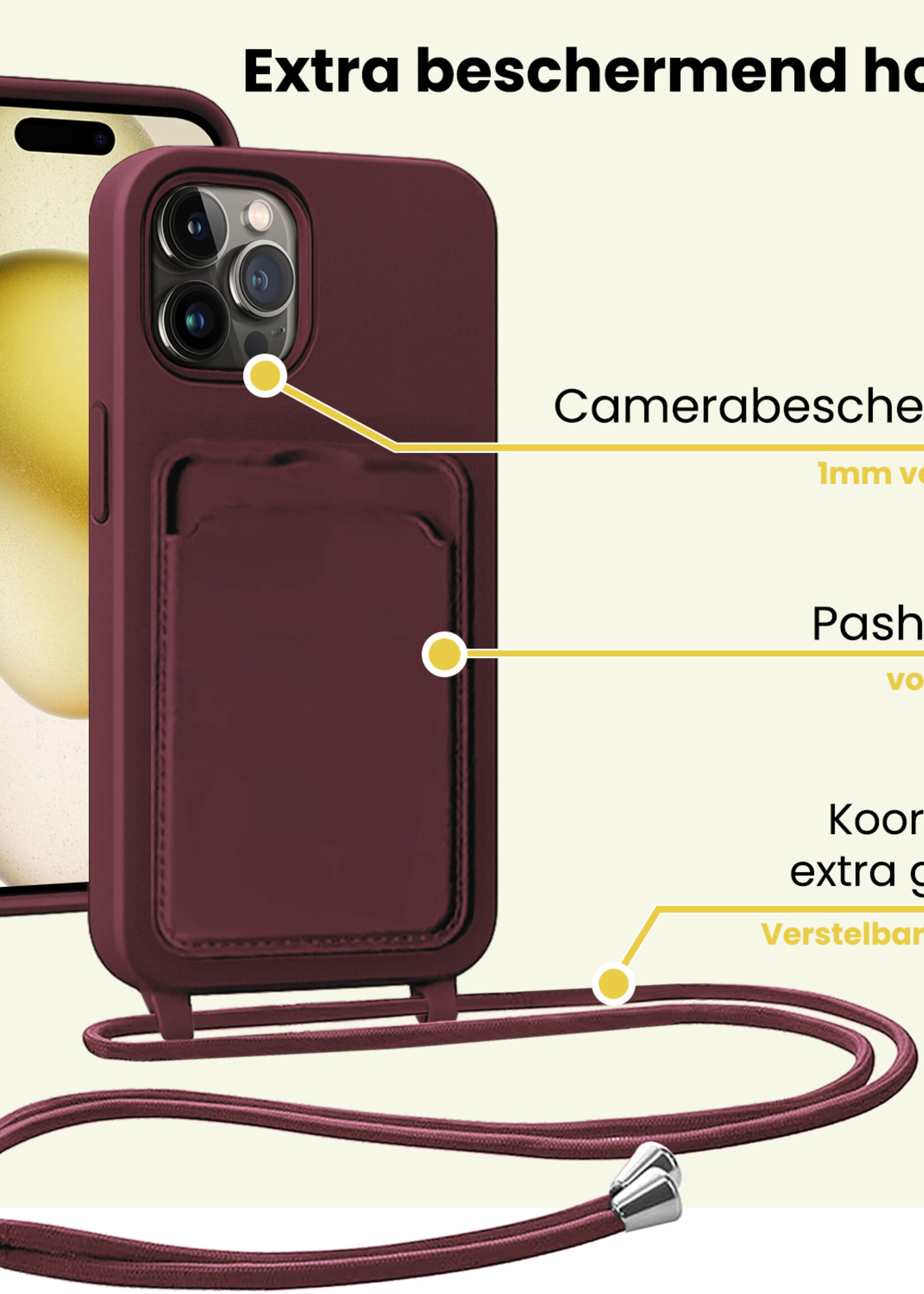 LUQ LUQ iPhone 15 Pro Max Hoesje Pashouder met Koord - Aubergine