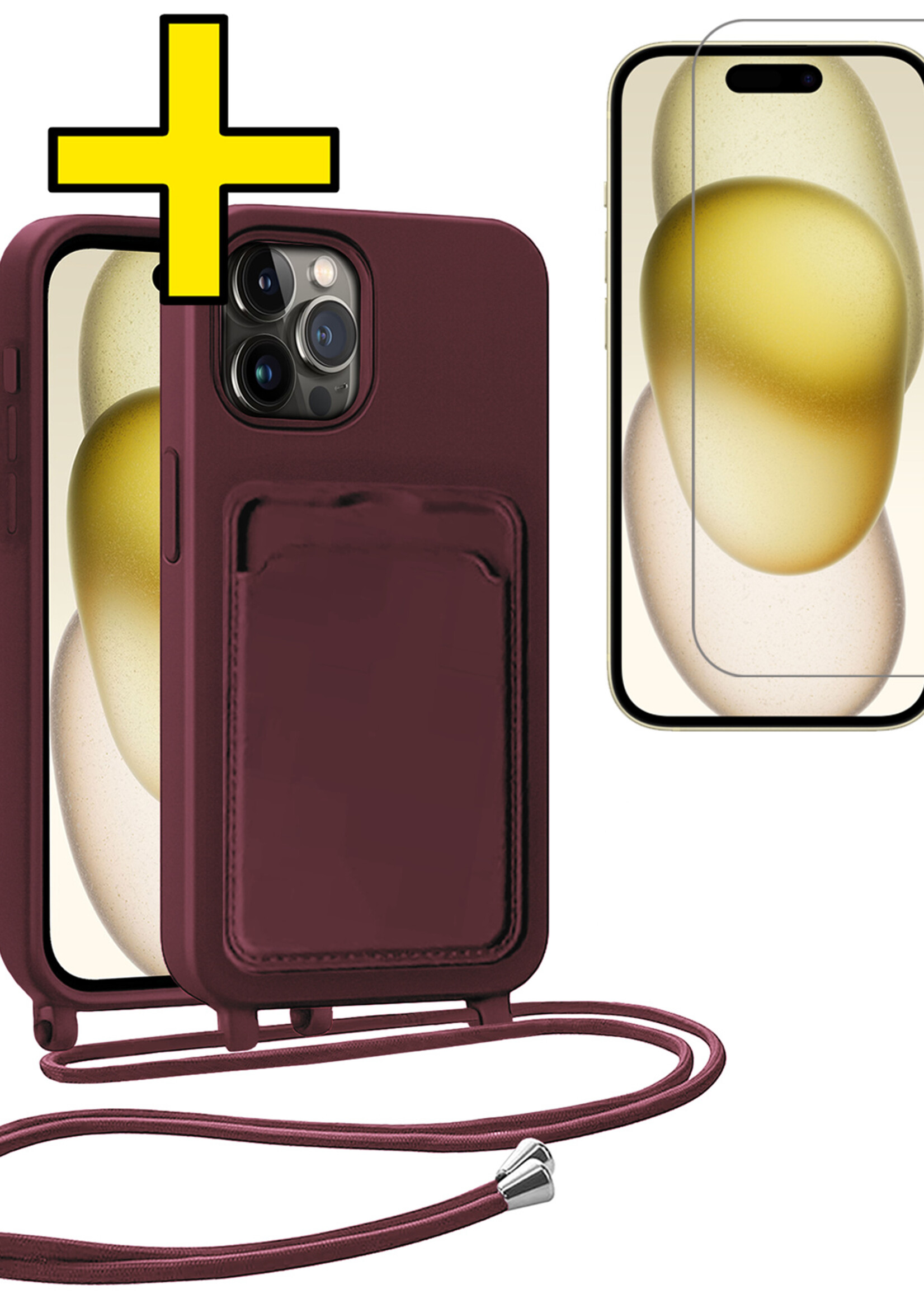 LUQ LUQ iPhone 15 Pro Max Hoesje Pashouder met Koord Met Screenprotector - Aubergine