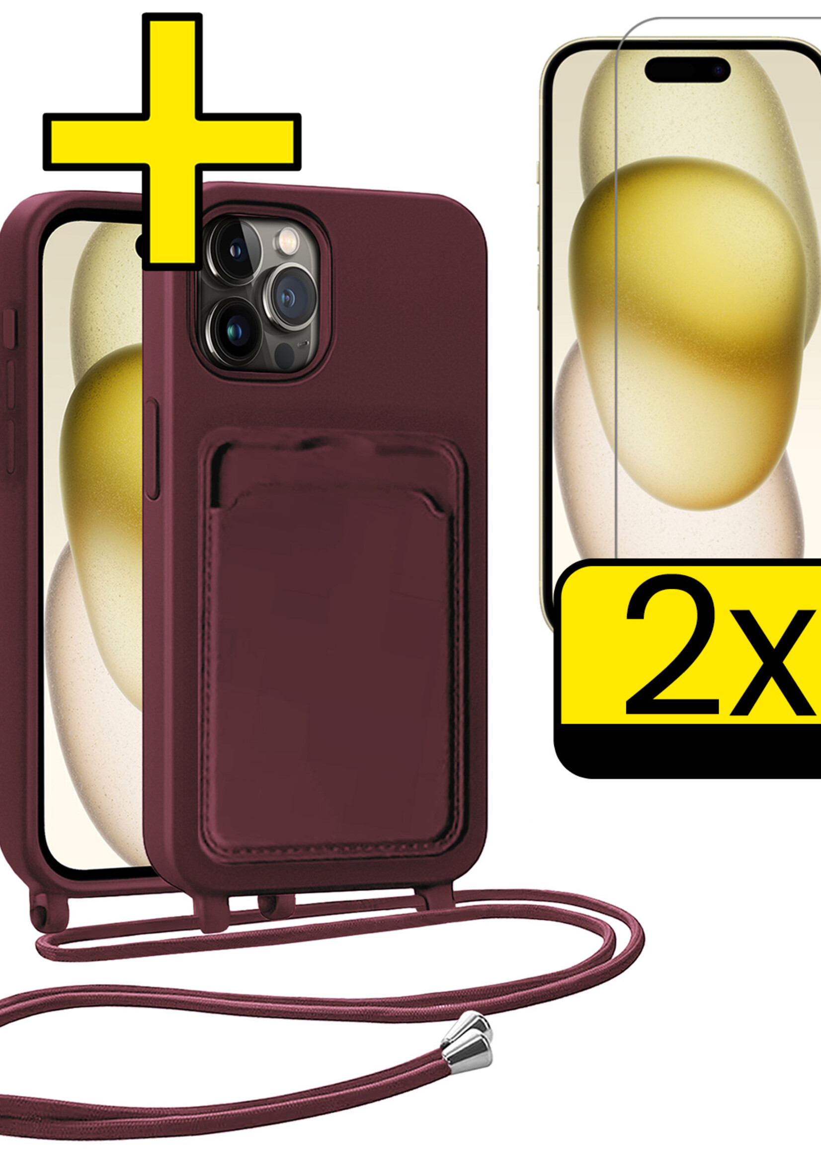 LUQ LUQ iPhone 15 Pro Max Hoesje Pashouder met Koord Met 2x Screenprotector - Aubergine