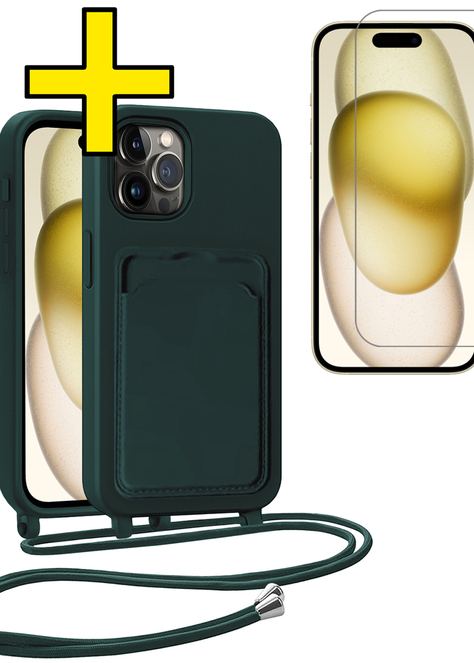 LUQ LUQ iPhone 15 Pro Max Hoesje Pashouder met Koord Met Screenprotector - Donkergroen