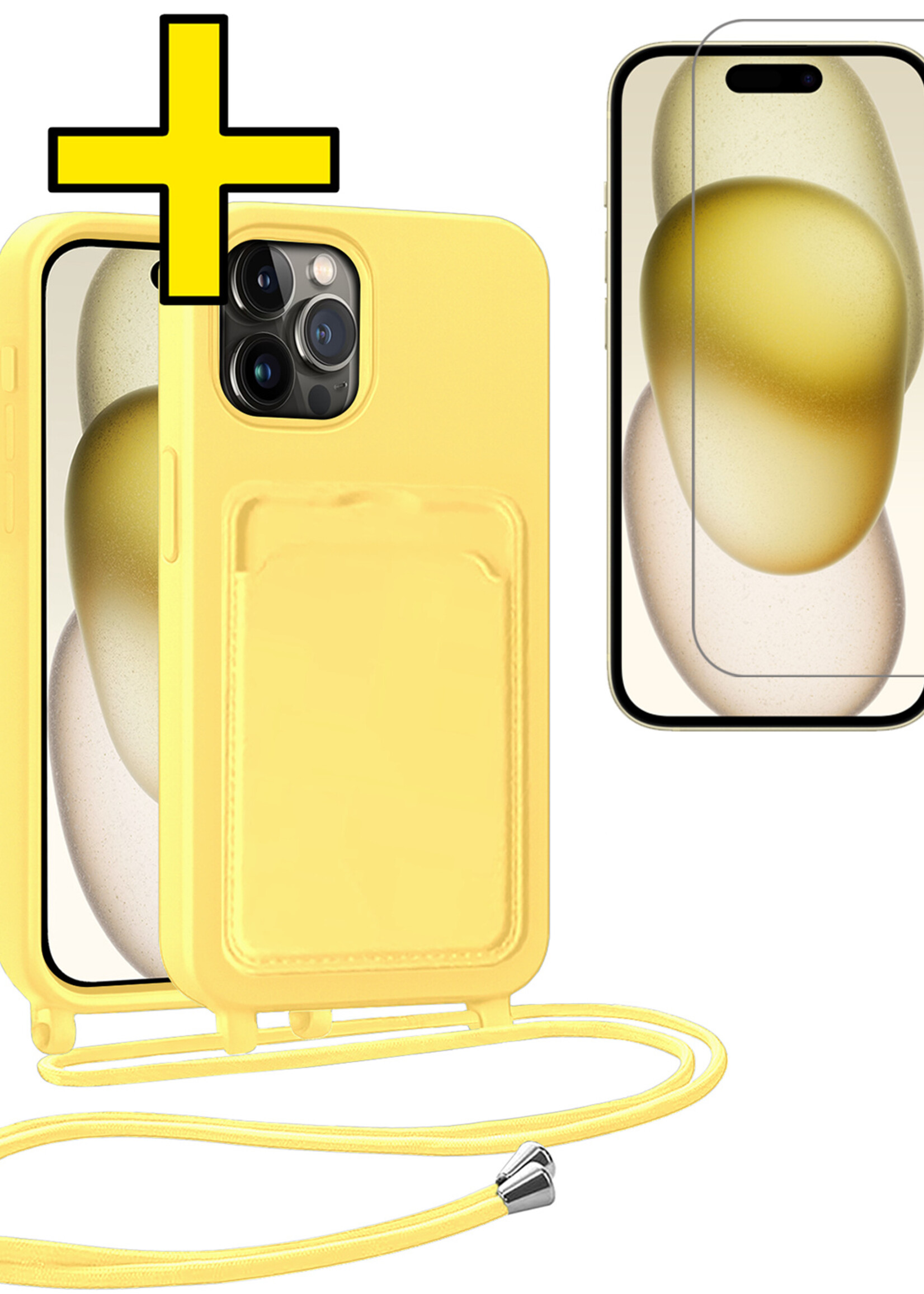 LUQ LUQ iPhone 15 Pro Max Hoesje Pashouder met Koord Met Screenprotector - Geel